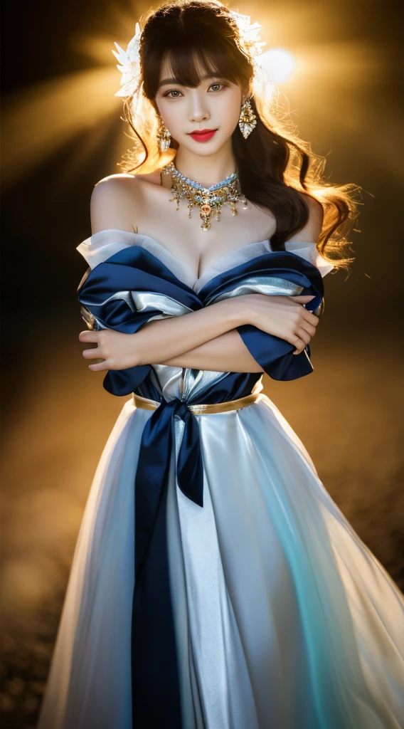 最high quality, masterpiece, High resolution, One girl, transparent silk china dress, Beautiful Face, hair ornaments, View Viewer, smile, Mouth closed,lips, dress,hair ornaments, necklace, jewelry, Long Hair, Earrings, Beautiful Face,On top of that_body, Tyndall effect,Realistic, Dark studio, Rim Light, Two-tone lighting,(Skin with attention to detail:1.2), 8K Ultra HD, Digital SLR, Soft lighting, high quality, Volumetric lighting, Frank, photograph, High resolution, 4K, 8k, Bokeh  