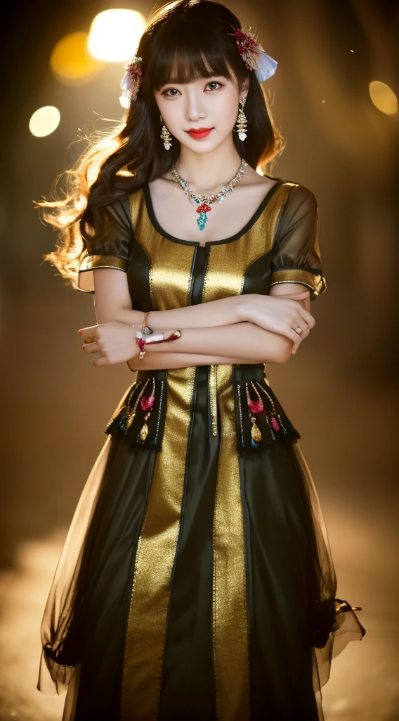最high quality, masterpiece, High resolution, One girl, transparent silk china dress, Beautiful Face, hair ornaments, View Viewer, smile, Mouth closed,lips, dress,hair ornaments, necklace, jewelry, Long Hair, Earrings, Beautiful Face,On top of that_body, Tyndall effect,Realistic, Dark studio, Rim Light, Two-tone lighting,(Skin with attention to detail:1.2), 8K Ultra HD, Digital SLR, Soft lighting, high quality, Volumetric lighting, Frank, photograph, High resolution, 4K, 8k, Bokeh  