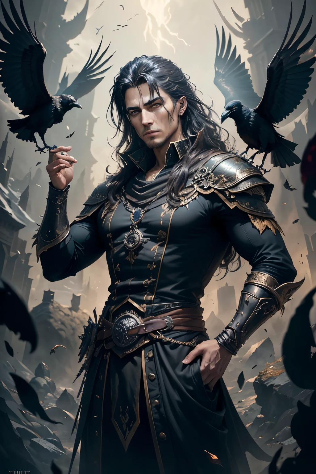 ((Best quality)), ((masterpiece)), ((realistic cartoon)), ((perfect character)), ((portrait)): Crow soldier, Evil. The scene is set in a thematically rich environment. The lighting, crafted with a cinematic touch, emphasizing aura surrounding the Evil crow soldier. Every element of this masterpiece is carefully designed to create a sense of realism and immersion. The intricacies of the genius clothes, the mesmerizing effects of his evil power, and the level of detail in his greedy face all contribute to a captivating visual experience. This artwork is presented in stunning UHD resolution, allowing you to appreciate every nuance and intricacy in breathtaking detail. Portrait, scenic, masterpiece,mtg art,magic the gathering art.