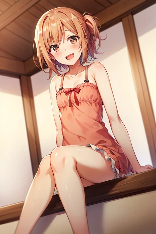 ((highest quality)), ((masterpiece)), (be familiar with), Perfect Face, indoor, Bedroom, Watching the audience,
One woman, Yuigahama Yui,
Open Mouth, Ecstatic expression, blush, smile,
Small breasts, Flat Chest, Young Girl, , , Girl,
Short Hair, Salmon-colored hair, Salmon-colored eyes, Side Pony,
Leg spread,