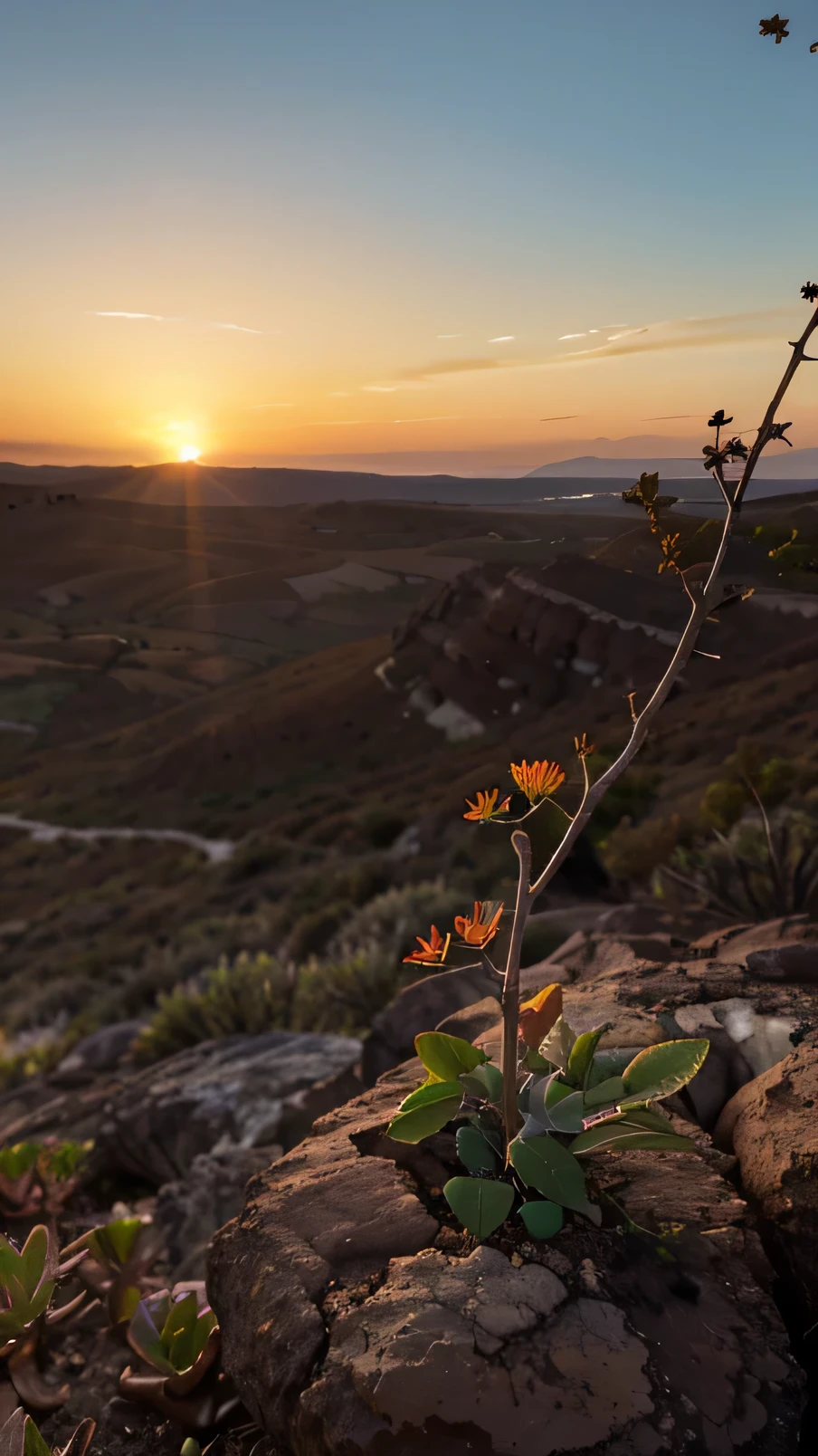 The image features a small, vibrant green plant with red stems, growing alone in dark, rugged soil. The plant is in sharp focus against a blurred background, making it the clear main subject of the photograph. Above the horizon, the sky presents a gradient from orange to dark blue, indicating either sunrise or sunset. The sun, which appears large and partially obscured by the horizon, casts a warm glow across the scene, contrasting with the cool tones of the foreground. The plant is small yet stands out due to its bright coloration and the symbolic suggestion of new life and hope amidst a harsh environment.