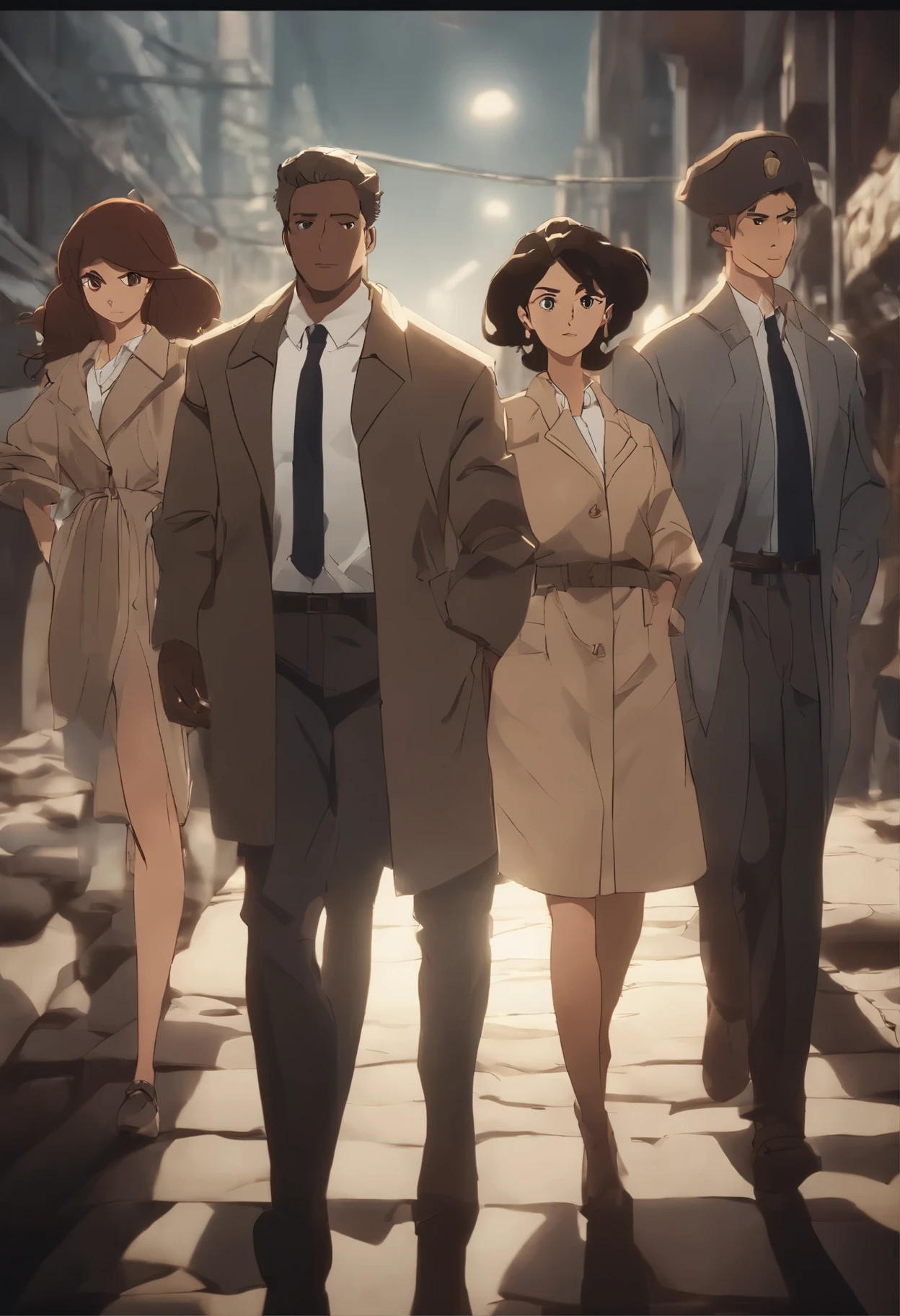 image of a trench with 4 men and 1 woman dressed in street clothes. A scale of justice in the background. Image of Japanese cartoon (anime)


