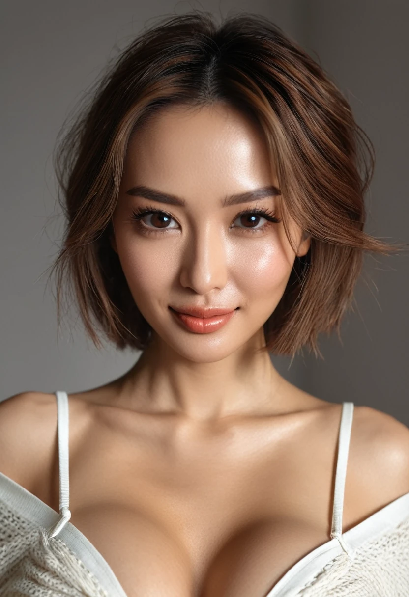 masterpiece, 8K, Photorealsitic, Raw photography, Top image quality, amazing beauty, slender face, Random hairstyles, cleavage of the breast, Super Detail Face, Eye of Detail, double eyelid, sharp focus, pretty woman, light brown hair, top-quality, ​masterpiece, A high resolution, Photorealsitic, Highly detailed and professional lighting smile, Loose and light knitwear, Shoulder out, slender, serious facial expression, short-haired, small bust, cleavage exposed, 