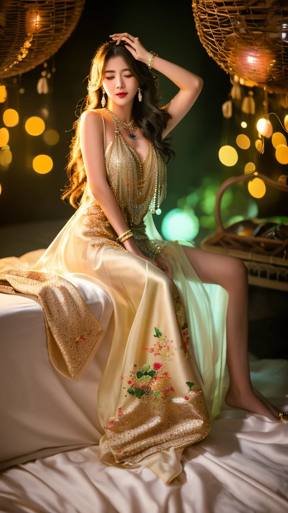 最high quality, masterpiece, High resolution, One girl, transparent silk china dress, Beautiful Face, hair ornaments, View Viewer, smile, Mouth closed,lips, dress,hair ornaments, necklace, jewelry, Long Hair, Earrings, Beautiful Face,On top of that_body, Tyndall effect,Realistic, Dark studio, Rim Light, Two-tone lighting,(Skin with attention to detail:1.2), 8K Ultra HD, Digital SLR, Soft lighting, high quality, Volumetric lighting, Frank, photograph, High resolution, 4K, 8k, Bokeh sitting on bed