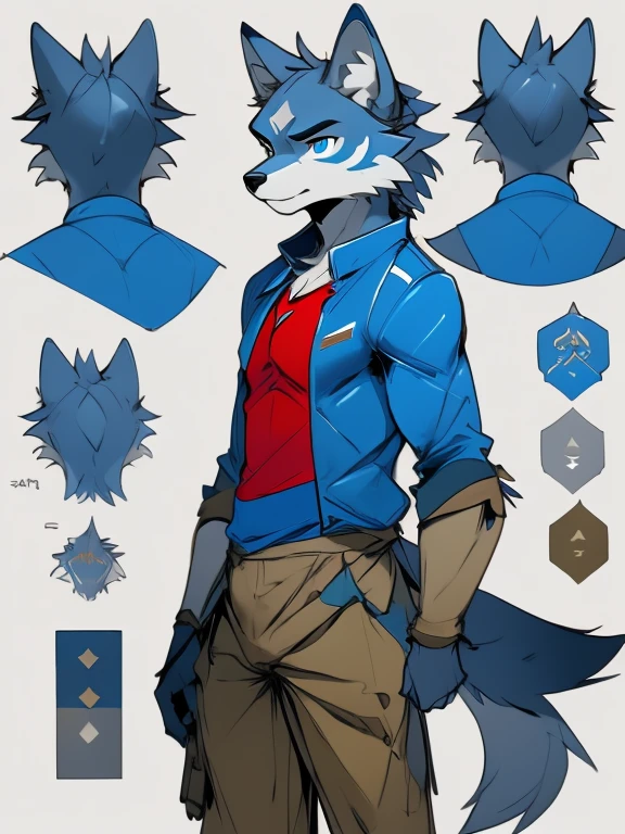 ( Absurdly , High quality , ultra detailed ) ,( hand detailed ) , 1boy, solo, teen, , (concept art, character sheet, character sketch),absurdres(highly detailed beautiful face and eyes)perfect anatomy, (Male blue-grey wolf), (((lean-body))) ((thin body)) (fit), (dark-blue eyes, (adventure, fantasy type clothing ((red-shirt, blue jacket, khaki pants))) (lighter chest fur) (multiple views) (sketch), intense eyes, intense,  (concept art, character sheet)