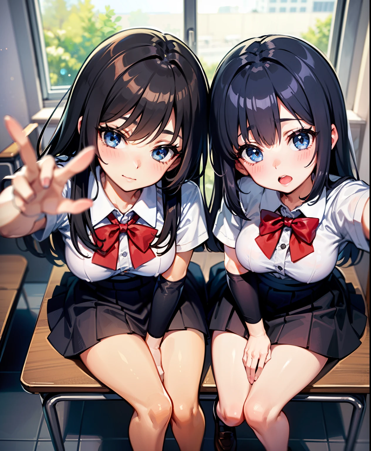 1 girl, 16 years old, Dynamic posing, dynamic angle, Arrange pose,Top quality work,Show Legs,(short black hair),(blue eyes), Rose cheeks, Pretty Face, A perfectly proportioned face, school shirt with red bow and black skirt, (school uniform), white stockings,in classroom,full-body view, amazing, Large round chest、Beautiful eye details、Beautiful eyelashes、beautiful double eyelid, with blush cheeks, talking to viewer