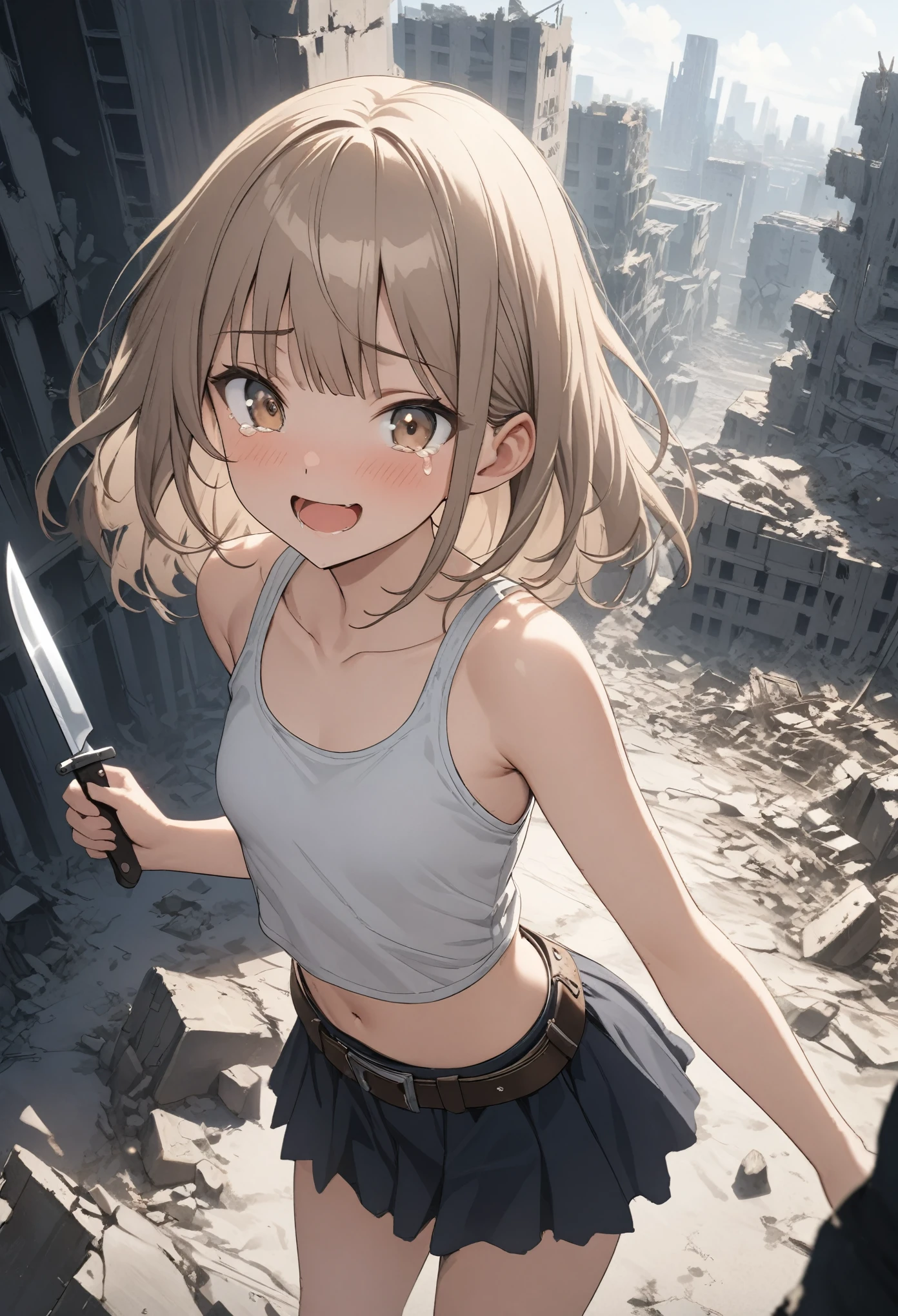 ((Masterpiece)), ((best quality)), (Anime:1.3), (super detail:1.2),(High Definition:1.3), (Professional Photography:1.2), (()), 1girl, cute teenage girl, glossy skin, tears, (sad smile), open mouth, (having a raggedy knife), beautiful Slender body, (Healthy body), small breast, (pale brown Hair), loose blunt bangs, cute eyes, round eyes, (dirty ragged tanktop), Tattered skirt, (burly belt), BREAK, ((best quality)), ((standing on the collapsed city of the apocalypse)), (sharp focus), (perfect light),
