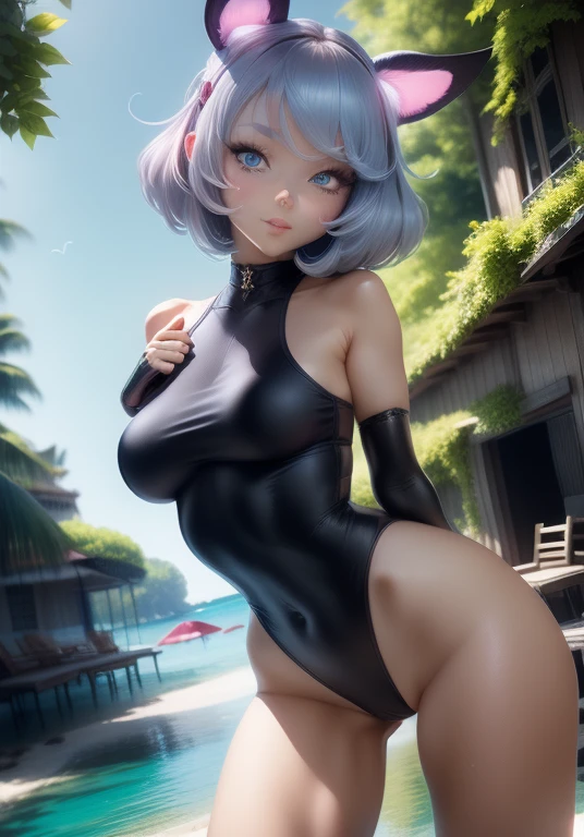 girl、、Pink leotard、whole body。blue eyes、Gray Hair、、Seductive pose、front、、Outdoor、garden、Beach、