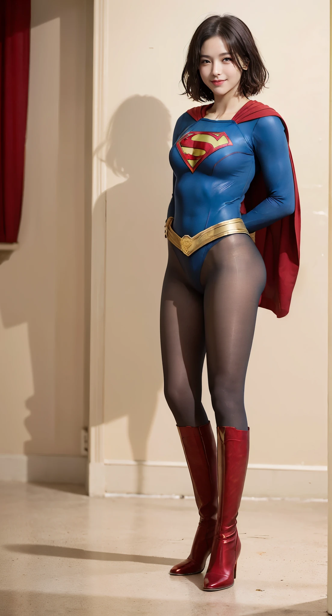 No background、(((Beautiful legs in black tights.)))、(((Legally express the beauty of your smile)))、((((Make the most of your original images)))、(((Body-hugging Supergirl costume)))、(((Supergirl Costume)))、(((Beautiful short hair)))、(((She is winking cutely.)))、(((Please wear black tights....、Wear red boots)))、((Best image quality、8k))、((highest quality、8k、masterpiece:1.3))、(((Preserve background )))、Sharp focus:1.2、Beautiful woman with perfect figure:1.4、Slim Abs:1.2、Wet body:1.5、Highly detailed face and skin texture、8k