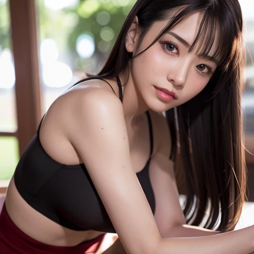 Close-up, (Photorealistic: 1.4), Highest quality, Real, Masterpiece, Ultra delicate beauty, CG, Ultra definition, High resolution, Ultra definition, Depth of field, 1 girl, tifa_lockhart, Beautiful girl detail, Upper body, Real, suspender_skirt, tank_top, taut_shirt, black_hair, long_hair, beautiful detailed red eyes, light on face, saika1