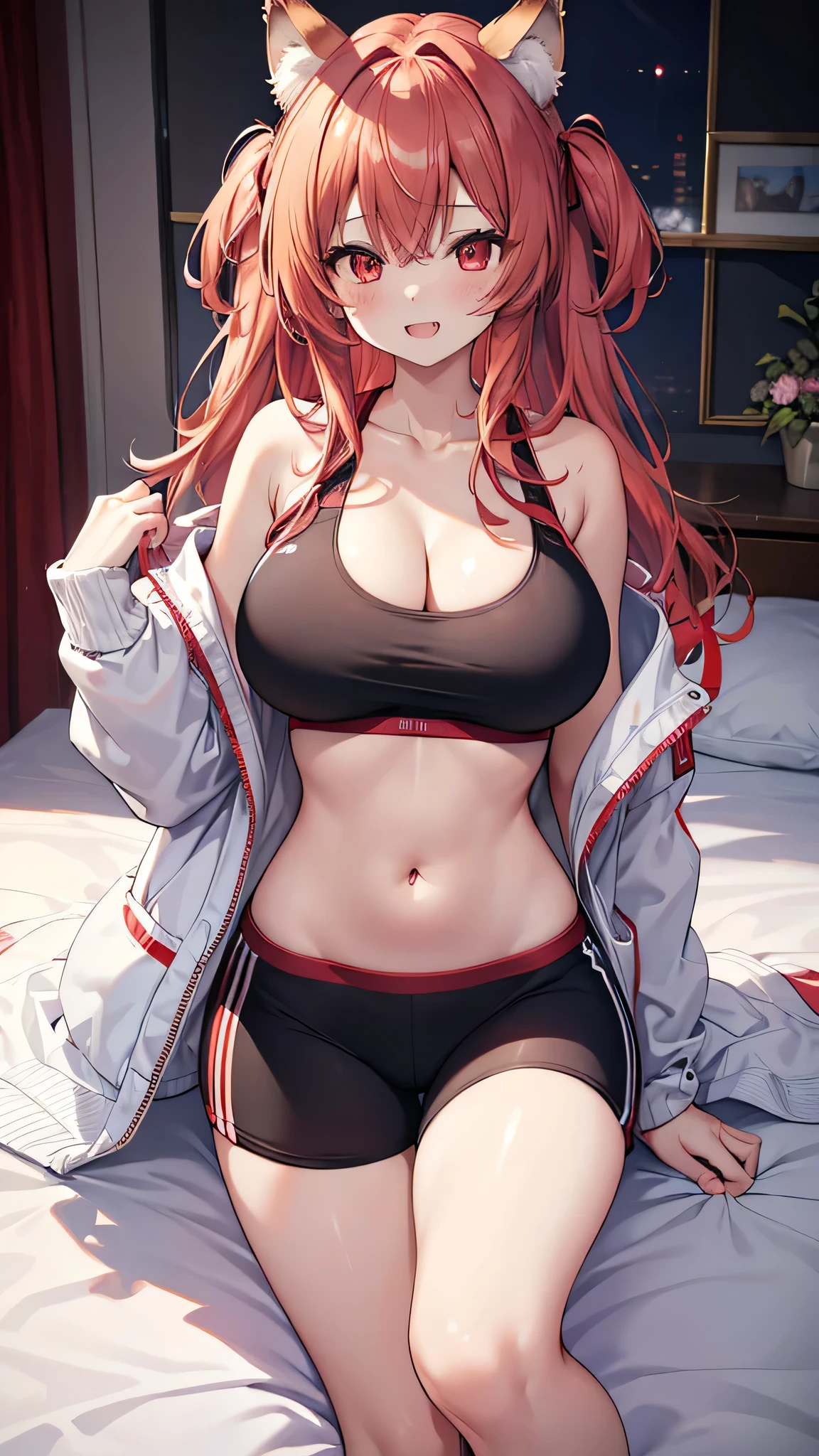 The best masterpiece、high resolution、Wolf Girl, Large Breasts, Voluminous, messy, light red hair, masterpiece , Red eyes, hd, Head to Chest, Put in your chest、 tooth、Double teeth,, On the bed、Thick thighs、Grinning、Knitted sports bra、、Big Tits、Open your mouth、Jacket、