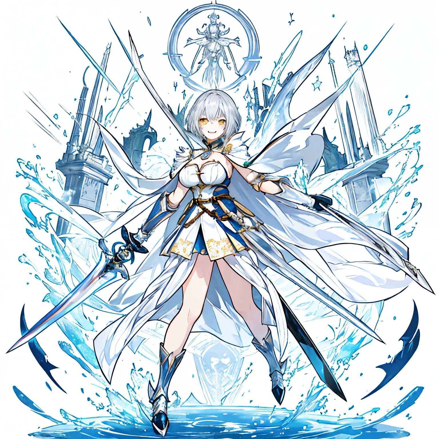 One Woman、young、Silver Hair、Short Hair、Yellow Eyes、Very large breasts、Showing cleavage、grinning mouth、Warrior、White Cape、Holding a sword、Full body portrait、front