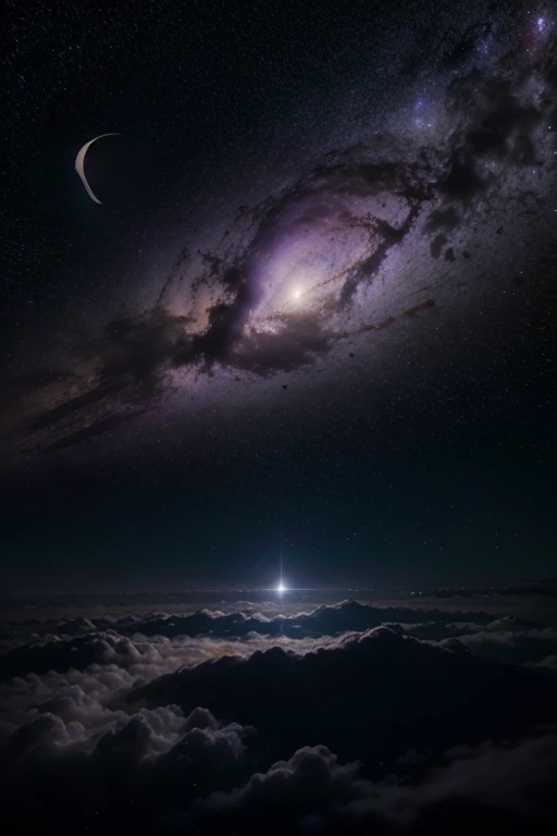Haz una imagen que tenga una nube una luna dos planetas (que los planetas sean de color morado) una lluvia de estrellas y un fondo de galaxia que sea realista