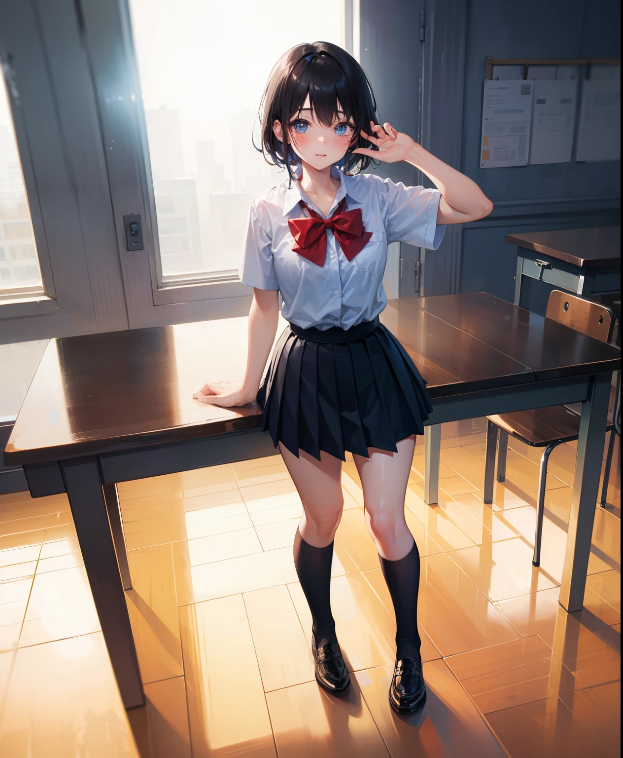 1 girl, 16 years old, Dynamic posing, dynamic angle, Arrange pose,Top quality work,Show Legs,(short black hair),(blue eyes), Rose cheeks, Pretty Face, A perfectly proportioned face, school shirt with red bow and black skirt, (school uniform), white stockings,in classroom,full-body view, amazing, Large round chest、Beautiful eye details、Beautiful eyelashes、beautiful double eyelid, with blush cheeks, talking to viewer