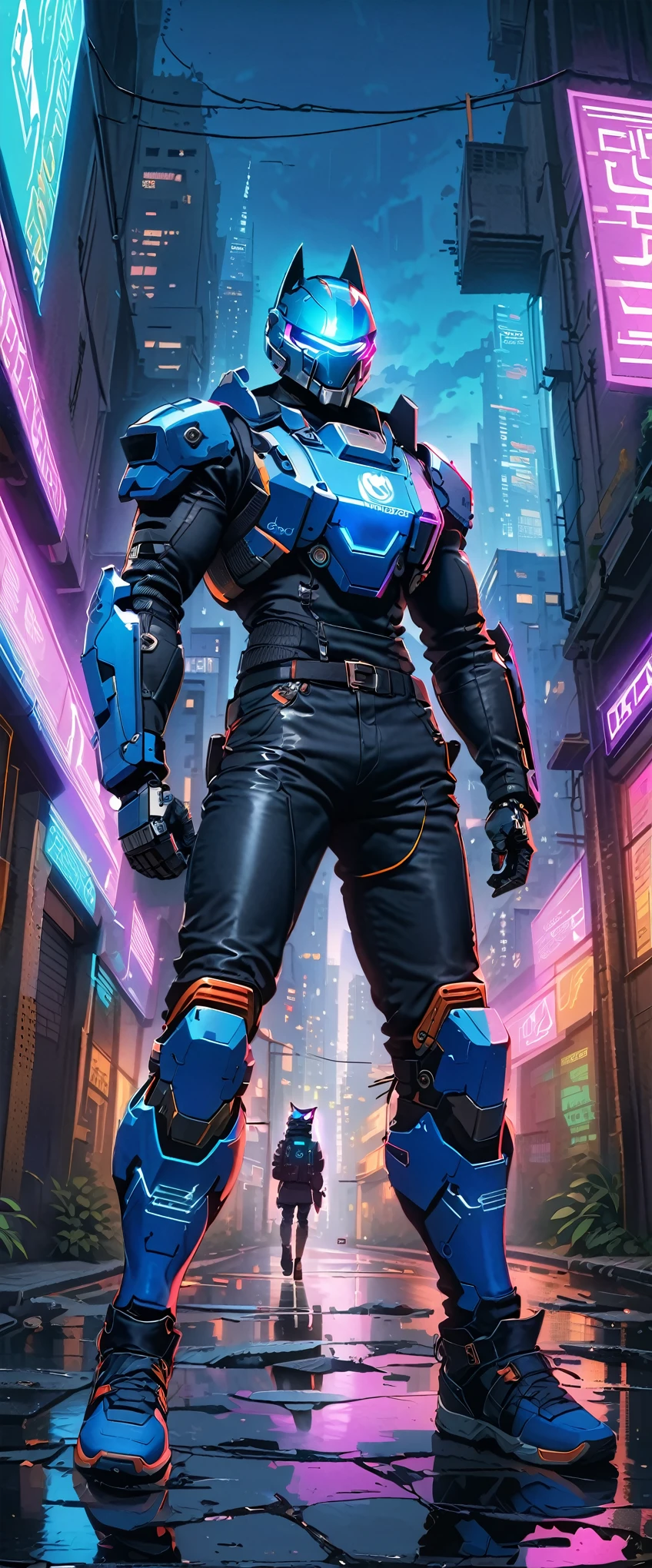 Cyberpunk wolf Knight，Glowing Eye Mechanical Armor，Metal Whiskers，Electric blue color scheme，future helmet，Vaporwave aesthetics，lightsaber，resolute determination，Fashion，Mysterious company logo，High-tech weapons，night adventure，dimly lit alley，cityscape background，Broken glass reflection，bionic enhancement，Calm and confident