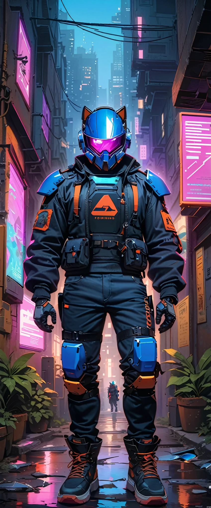 Cyberpunk wolf Knight，Glowing Eye Mechanical Armor，Metal Whiskers，Electric blue color scheme，future helmet，Vaporwave aesthetics，lightsaber，resolute determination，Fashion，Mysterious company logo，High-tech weapons，night adventure，dimly lit alley，cityscape background，Broken glass reflection，bionic enhancement，Calm and confident