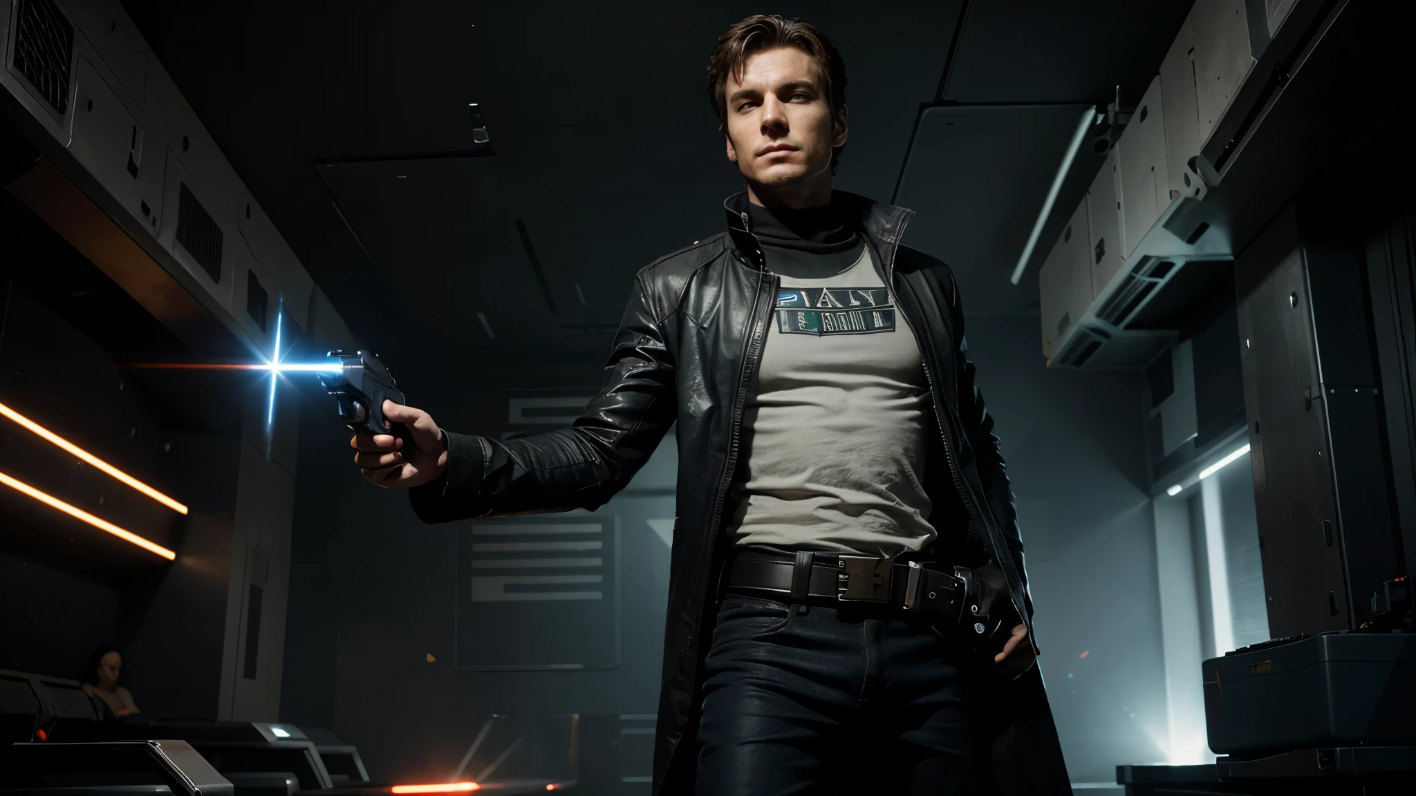 Create a protagonist character, he is futuristic, a wanted interstellar rebel, he is posing from the front, he has a laser pistol in his right hand and on his waist he has long cloths.
