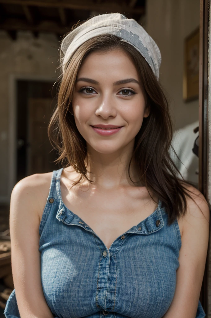 25 ans, brune, yeux marrons, delicate, professional light, flash lit, sexy, cheveux de longueur moyenne, grains de beauté, sourire romantique, Seductive look, pose coquine, bonne couverture, éclairée par les flashs des photographes, skin details, pores de la peau, visage fin, cheveux long, yeux marrons, HD, 8K, masterpiece, sourire romantique, in an abandoned house, en ruine, ripped jeans, tshirt large déchiré, bandana en toile vichy