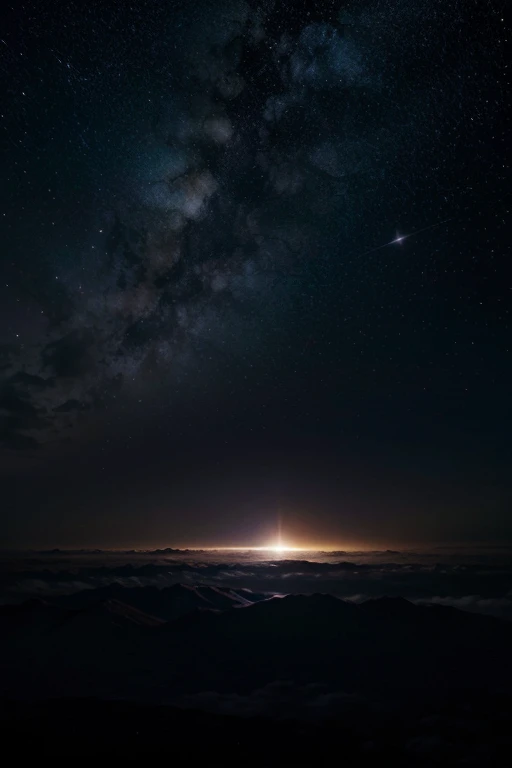 Haz una imagen que tenga nubes una luna menguante dos planeta morados, una lluvia de estrellas una estrella fugaz y un fondo de galaxia que sea realista