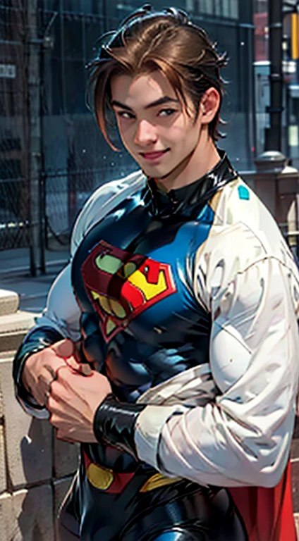 Young guy, short brown hair, Cyan eyes, brawn, Black Superman Costume, ssmile, Masterpiece, hiquality, big dick