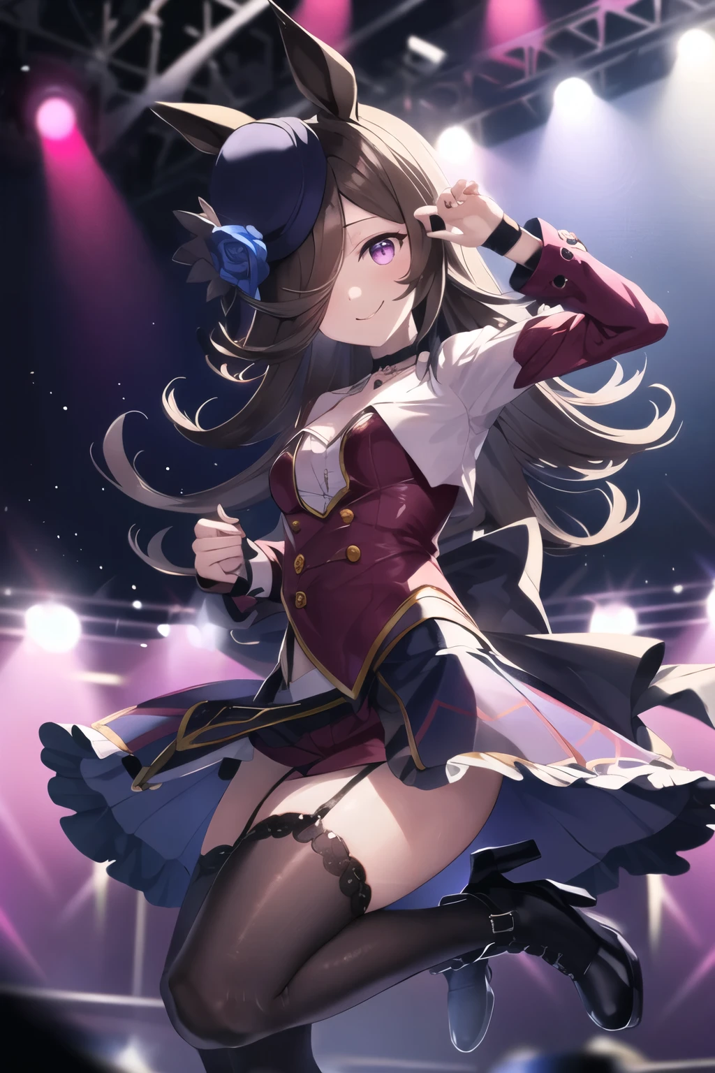 Highest品質,masterpiece, High resolution,original, Beautiful details,Very detailed, Satono Diamond \(umamusume\), One Girl, alone, (The beginning of the future), choker, Red shorts, Short shorts, Long sleeve, Purple knee socks, White jacket, Highest, Garter Straps, boots, White footwear, Wristband,shirt,White Skirt, Overskirt, High heels, View your audience,  smile, stage, stage Lights, spot Light, Light
 