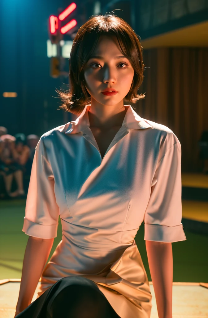 Mix 4, The 20th, 一人in, length_hair, shirt, dress, expensive_Heel,full_body, look_in_Audience, (8k, RAW Photos, highest quality, masterpiece:1.2), (Realistic, photo-Realistic:1.37), Professional Lighting, Photon Mapping, Radio City, Physically Based Rendering,squat
