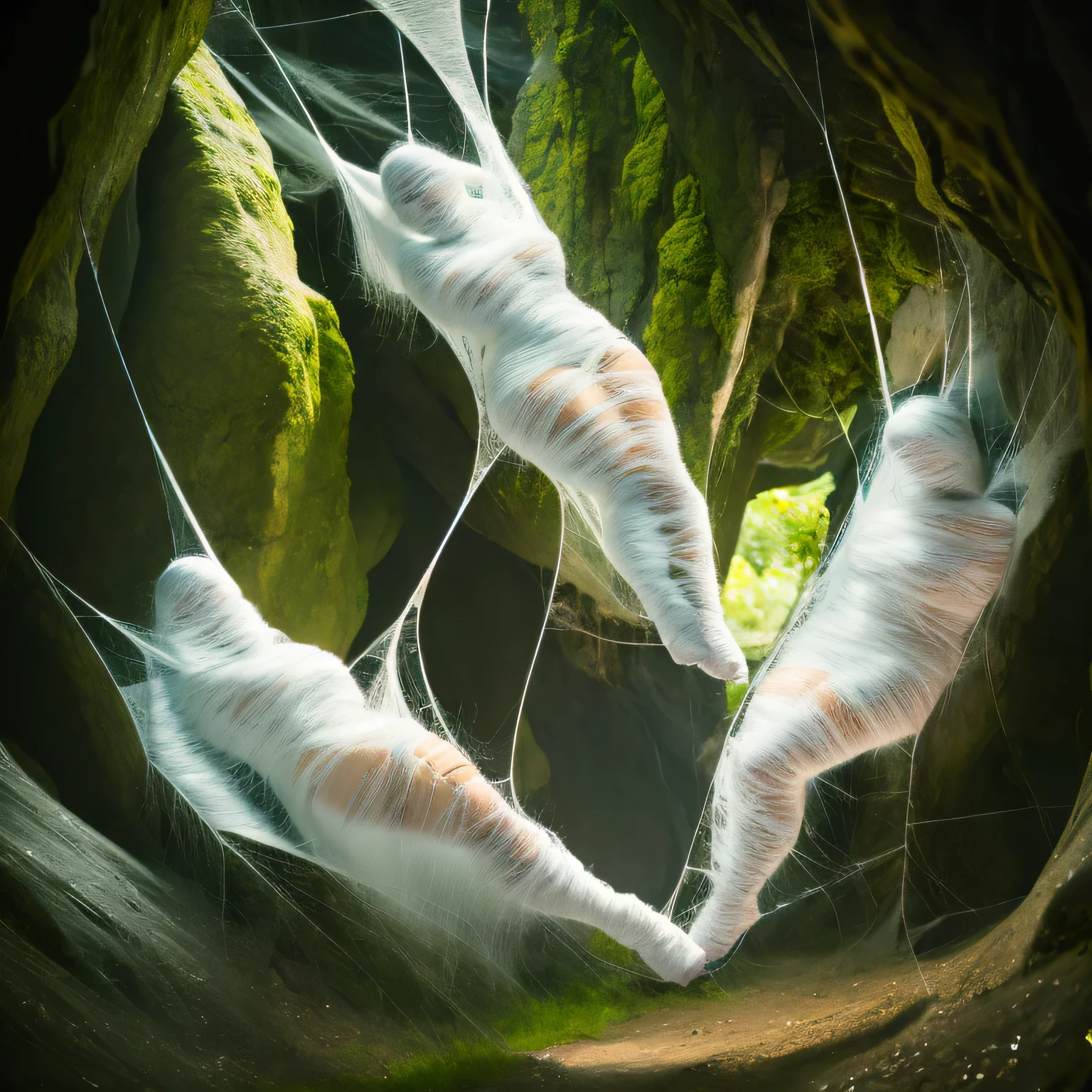 five woman in a tight web bondage, cocooned, struggle in the web, in the cave