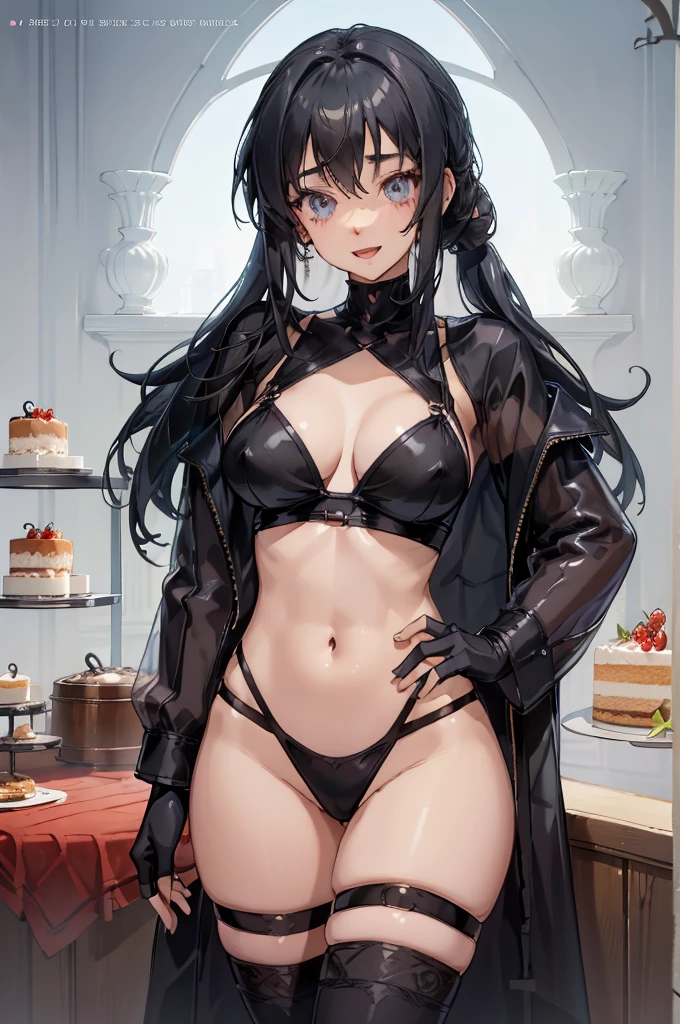 1 girl, small nose, very beautiful detailed face and eyes, bright colors, cute face, delicate beautiful face, Bright magenta eyes, cute eyes, sparkling eyes, Big eyes, (big breasts:1.3), (perky chest:1.1), (pointed chest:1.0), (cake magazine cover:1.3),highest quality, WorKs of masters, High resolution,BlacK color hair,shiny hair, side ponytail,hair between eyes,bangs, (black jacket, real clothes, cleavage, black skirts, black thighhighs, thigh strap, fingerless gloves, single glove:1.2) , spread legs, panties shot, medium hips, glamorous body, white skin, smile, thin pubric hair, super beautiful face, Super beautiful eyes, Super beautiful hair,trendy outfit,sexy and attractive,full body esbian, Real World, Natural light,perfect Natural light,(with sparkling eyes and a contagious smile), This masterpiece is not only visually stunning but also tells, make of cake cooking , in the kitchen, open mouth, looking at viewer,