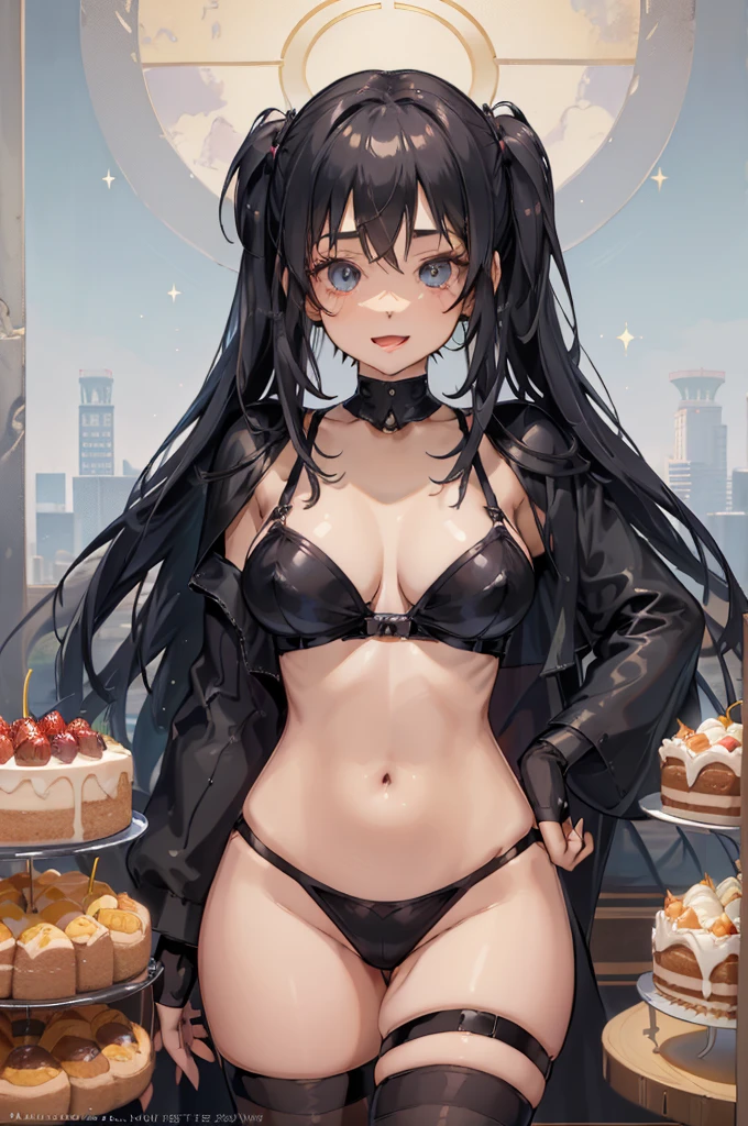 1 girl, small nose, very beautiful detailed face and eyes, bright colors, cute face, delicate beautiful face, Bright magenta eyes, cute eyes, sparkling eyes, Big eyes, (big breasts:1.3), (perky chest:1.1), (pointed chest:1.0), (cake magazine cover:1.3),highest quality, WorKs of masters, High resolution,BlacK color hair,shiny hair, side ponytail,hair between eyes,bangs, (black jacket, real clothes, cleavage, black skirts, black thighhighs, thigh strap, fingerless gloves, single glove:1.2) , spread legs, panties shot, medium hips, glamorous body, white skin, smile, thin pubric hair, super beautiful face, Super beautiful eyes, Super beautiful hair,trendy outfit,sexy and attractive,full body esbian, Real World, Natural light,perfect Natural light,(with sparkling eyes and a contagious smile), This masterpiece is not only visually stunning but also tells, make of cake cooking , in the kitchen, open mouth, looking at viewer,