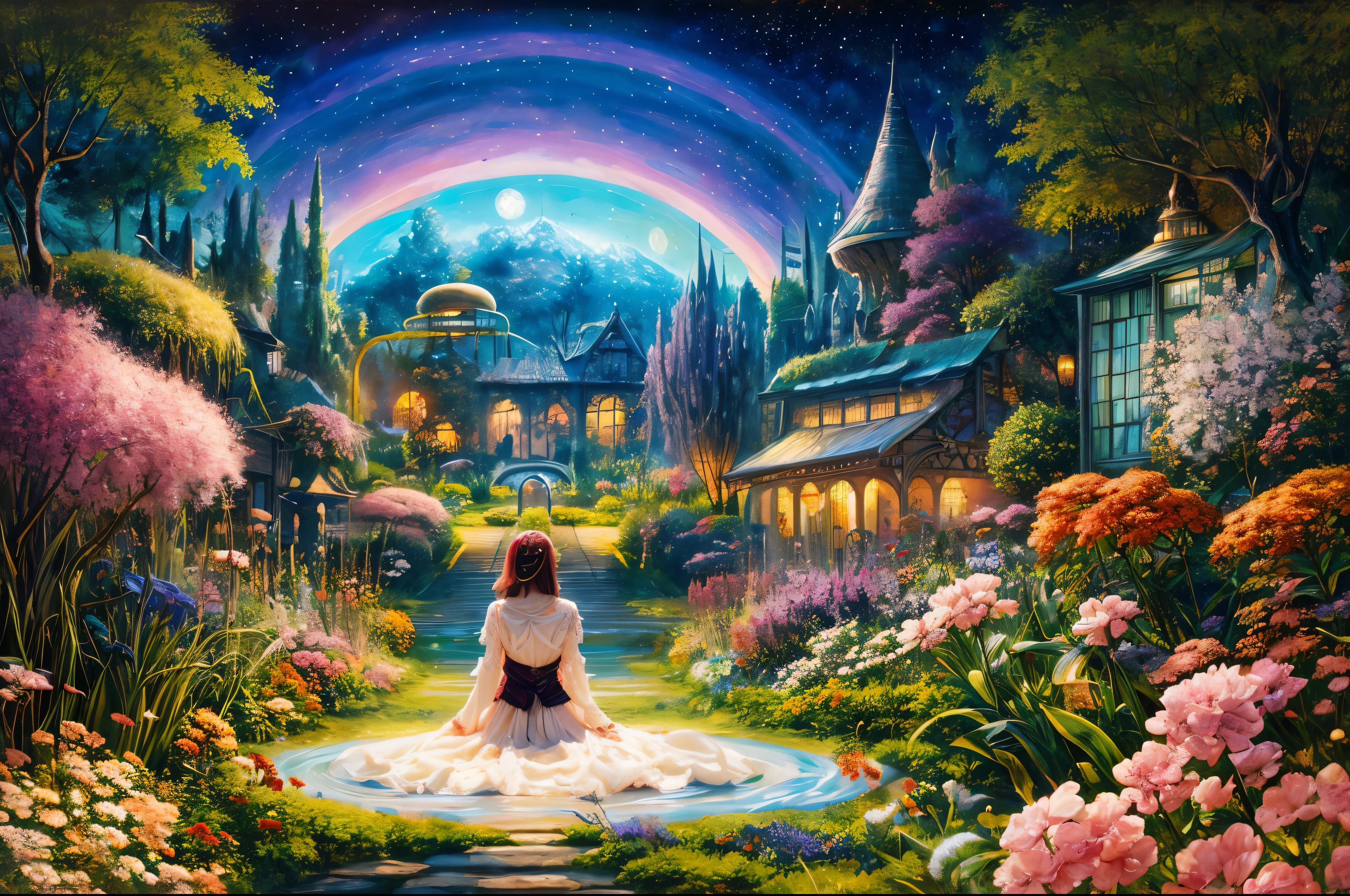 "((surreal)) Pintura calma ((garota)) Enjoy tea in a fantastic garden, vivid galaxy background, Um trem complexo percorrendo a flora celestial, atmosfera sonhadora, Fantastic colors, ((fantasia)) cena