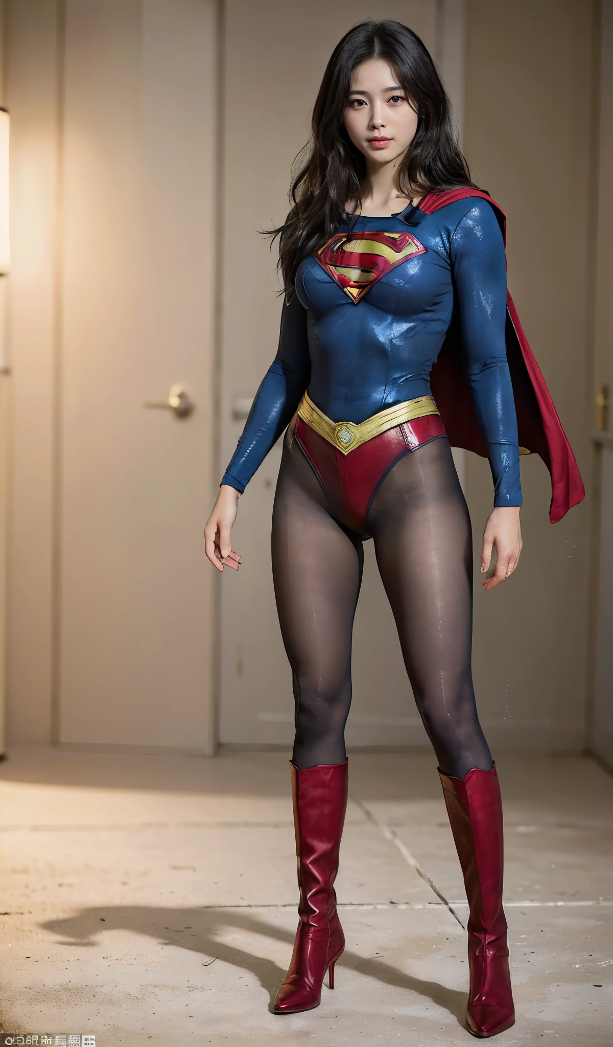 No background、(((Beautiful legs in black tights.)))、(((Legally express the beauty of your smile)))、((((Make the most of your original images)))、(((Body-hugging Supergirl costume)))、(((Supergirl Costume)))、(((Beautiful short hair)))、(((She is winking cutely.)))、(((Please wear black tights....、Wear red boots)))、((Best image quality、8k))、((highest quality、8k、masterpiece:1.3))、(((Preserve background )))、Sharp focus:1.2、Beautiful woman with perfect figure:1.4、Slim Abs:1.2、Wet body:1.5、Highly detailed face and skin texture、8k