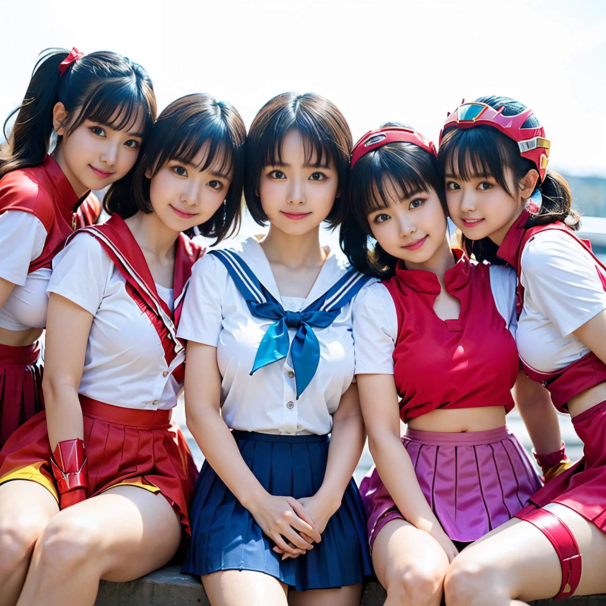 （8k、Raw photography、highest quality、masterpiece：1.2),(Black Hair、Very short hair:1.7),(Bobcut、Curly Twin Tails:1.3)、View Audience,Viewed from the front,(Super Sentai、Red Ranger、Blue Ranger、Yellow Ranger、Bishoujo Warrior、3 people、She is wearing a colorful Pretty Cure series costume:1.8)、(Clothing that emphasizes the shape of your chest:1.4)、(Big Breasts :1.4)、Slim figure、Ultra-high resolution,beautiful,beautiful fece,(No background:1.9),whole bodyボディー,、(black eye、3 peopleの日本人女性: 1.3),（Photorealistic：1.37）、Photon Mapping,reality、(everyone is so cute: 1.3)、(Cute Smile: 1.7)、(With a round face: 1.9)、Radio City、Physically Based Rendering、Depth of field rally background、photograph, (The skirt is too short: 1.9)、(I can see your knees,Thigh close-up、Spread your legs、Showing off her white panties:1.6),whole body、Super quality