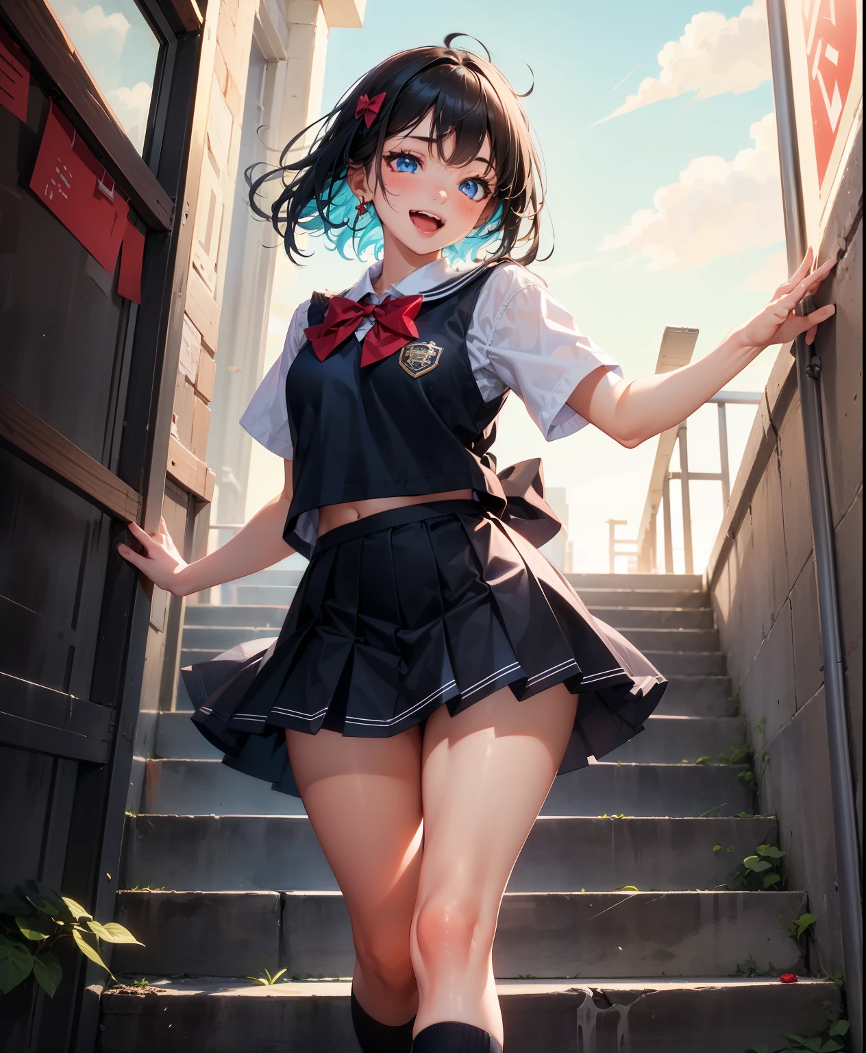 1 girl, 16 years old, Dynamic posing, dynamic angle, Arrange pose,Top quality work,Show Legs,(short black hair),(blue eyes), Rose cheeks, Pretty Face, A perfectly proportioned face, school shirt with red bow and black skirt, (school uniform), white stockings,in classros, She is laughing