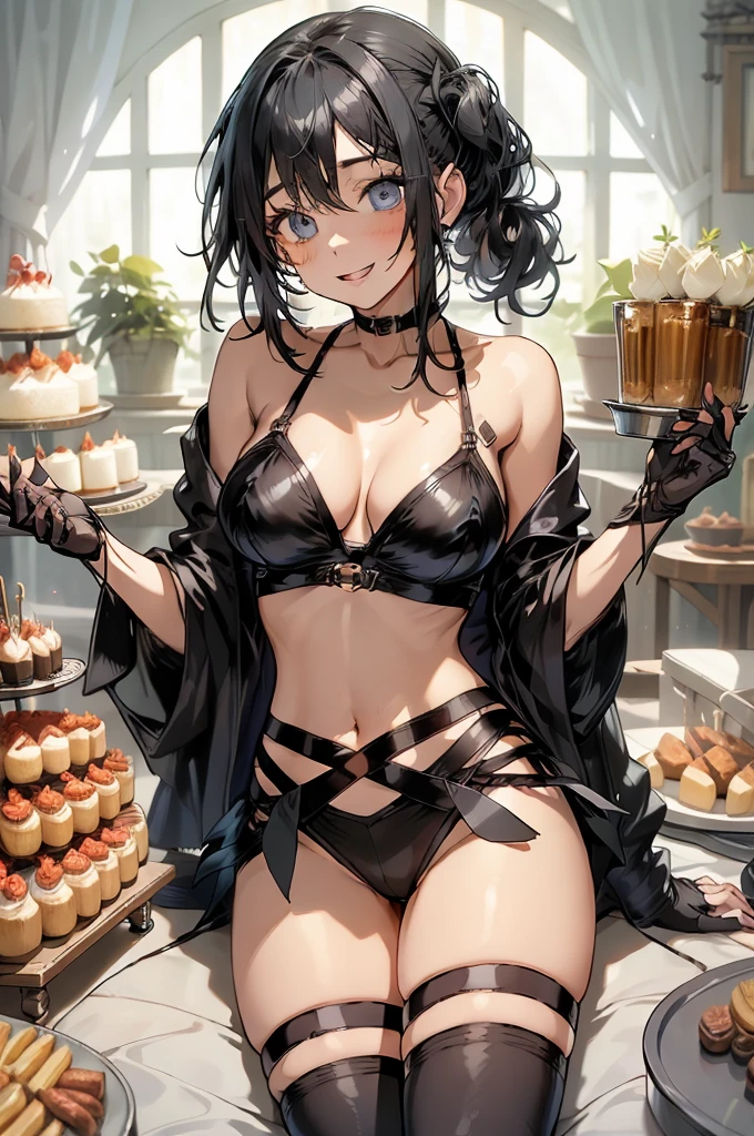 1 girl, small nose, very beautiful detailed face and eyes, bright colors, cute face, delicate beautiful face, Bright magenta eyes, cute eyes, sparkling eyes, Big eyes, (big breasts:1.3), (perky chest:1.1), (pointed chest:1.0), (cake magazine cover:1.3),highest quality, WorKs of masters, High resolution,BlacK color hair,shiny hair, side ponytail,hair between eyes,bangs, (black jacket, real clothes, cleavage, black skirts, black thighhighs, thigh strap, fingerless gloves, single glove:1.2) , spread legs, panties shot, medium hips, glamorous body, white skin, smile, thin pubric hair, super beautiful face, Super beautiful eyes, Super beautiful hair,trendy outfit,sexy and attractive,full body esbian, Real World, Natural light,perfect Natural light,(with sparkling eyes and a contagious smile), This masterpiece is not only visually stunning but also tells, make of cake cooking , in the kitchen, open mouth, looking at viewer,