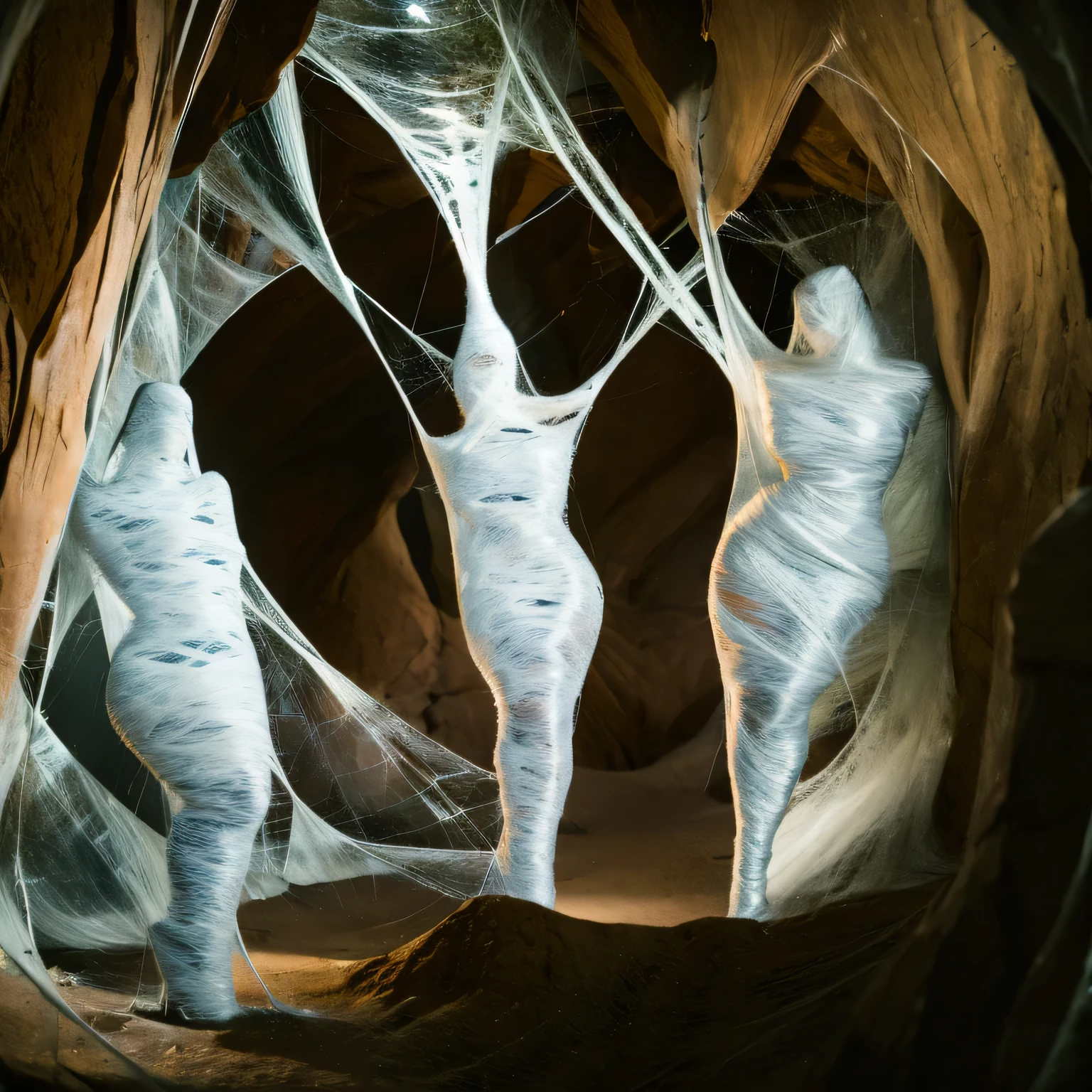 five woman in a tight web bondage, cocooned, struggle in the web, in the cave