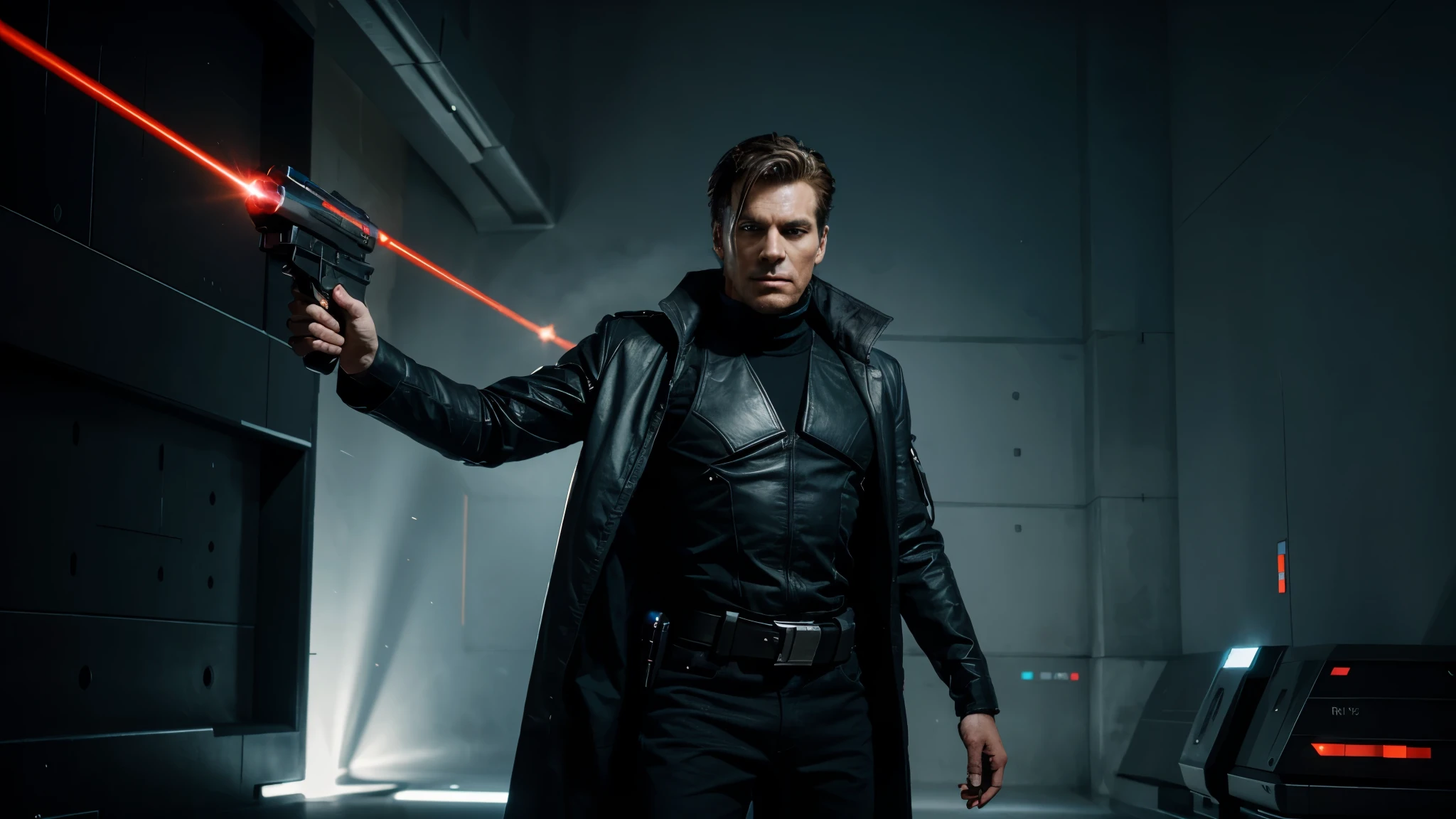 Create a villain character, he is futuristic, a wanted interstellar rebel, he is posing from the front, he has a laser pistol in his right hand and on his waist he has long cloths.