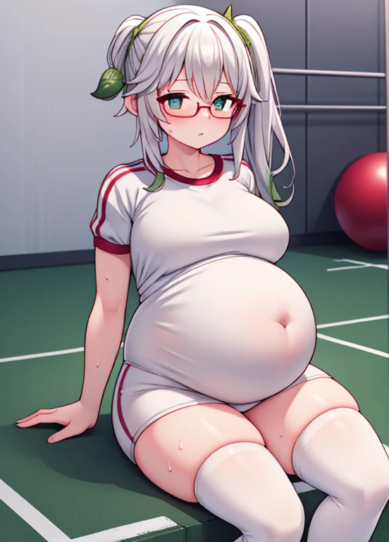 An image of a pregnant girl in gym clothes with glasses and white thighhighs, she's sitting and raising her very sweaty feett