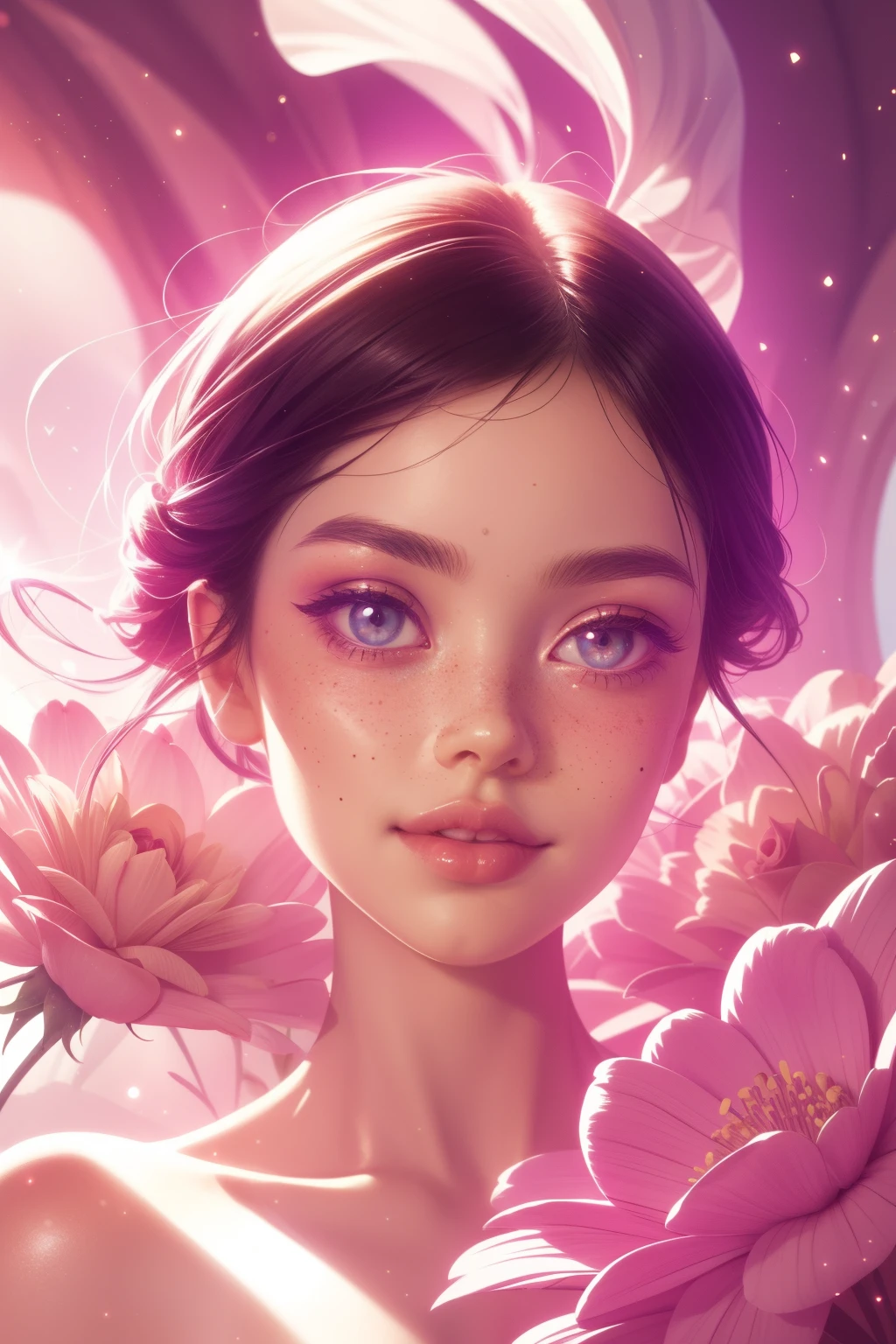 (This is a beautiful, intricate, (romatic) fantasy image that emphasizes beauty and grace.) Generate a blind curvy woman with milky eyes and soft natural freckles. Her face is important and should be (perfectly formed) with (beautiful puffy lips) and (perfect features). There is a cute freckle birthmark on her lip. The image exudes ethereal beauty and soft fantasy, with shimmering shades of pink throughout. Surround her with eternal roses in shimmering shades. Ensure perfection in her face, hair, and eyes. Include sweet and detailed birds and soft, luminous flowers and detailed roses. Utilize dynamic composition and dramatic lighting and cinematic lighting to create an interesting fantasy image. The background of the image is interesting and ultra-detailed, with soft fantasy lighting and gradients. Include fantasy details, cute aura, colorful, colourful, and interesting magical background. The image's background is decorated in shades of pink, shimmer, glitter, and fantasy details like colored bubbles and cosmos. Include subtle freckles, natural freckles and a diffused realistic skin tone. Incorporate elements of high fantasy, whimsy, and detailed elegance. English rose, princess, courtesan, noblewoman, sweet, lovely, calm, lovely, shimmering, glimmering, glittering, astrological fantasy, (((masterpiece))), (highest quality), magic rose, fantasy garden, beautiful face, perfect face, puffy lips, interesting, shy smile, fantasy elements, magic rose, beautiful eyes, perfect puffy lips, jewel tones, luminosity. Taken with a canon camera.