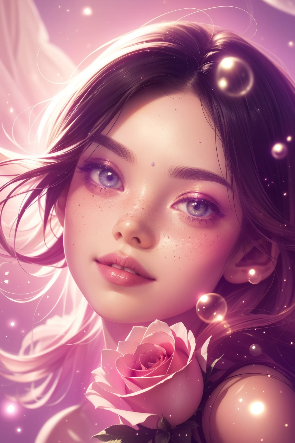 (This is a beautiful, intricate, (romatic) fantasy image that emphasizes beauty and grace.) Generate a blind curvy woman with milky eyes and soft natural freckles. Her face is important and should be (perfectly formed) with (beautiful puffy lips) and (perfect features). There is a cute freckle birthmark on her lip. The image exudes ethereal beauty and soft fantasy, with shimmering shades of pink throughout. Surround her with eternal roses in shimmering shades. Ensure perfection in her face, hair, and eyes. Include sweet and detailed birds and soft, luminous flowers and detailed roses. Utilize dynamic composition and dramatic lighting and cinematic lighting to create an interesting fantasy image. The background of the image is interesting and ultra-detailed, with soft fantasy lighting and gradients. Include fantasy details, cute aura, colorful, colourful, and interesting magical background. The image's background is decorated in shades of pink, shimmer, glitter, and fantasy details like colored bubbles and cosmos. Include subtle freckles, natural freckles and a diffused realistic skin tone. Incorporate elements of high fantasy, whimsy, and detailed elegance. English rose, princess, courtesan, noblewoman, sweet, lovely, calm, lovely, shimmering, glimmering, glittering, astrological fantasy, (((masterpiece))), (highest quality), magic rose, fantasy garden, beautiful face, perfect face, puffy lips, interesting, shy smile, fantasy elements, magic rose, beautiful eyes, perfect puffy lips, jewel tones, luminosity. Taken with a canon camera.