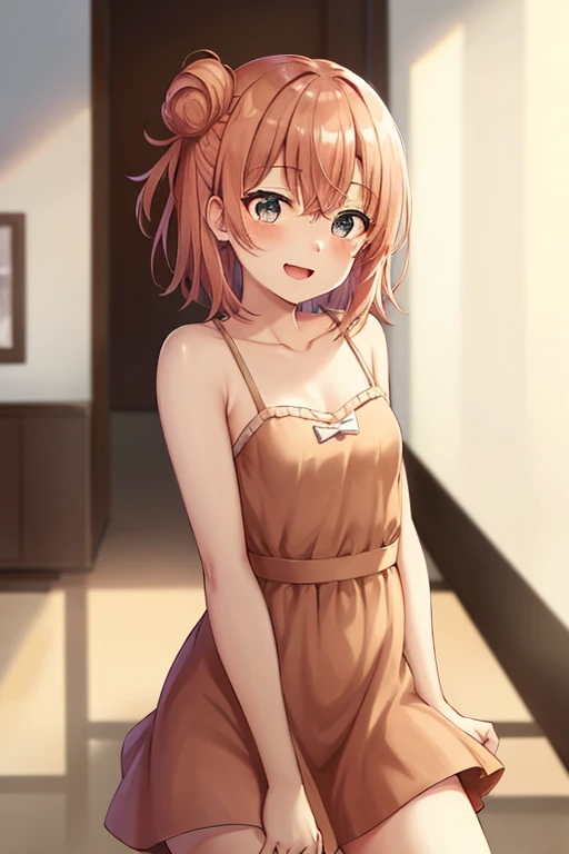 ((highest quality)), ((masterpiece)), (be familiar with), Perfect Face, indoor, Bedroom, Watching the audience,
One woman, Yuigahama Yui,
Open Mouth, Ecstatic expression, blush, smile,
Small breasts, Flat Chest, Young Girl, , , Girl,
Short Hair, Salmon-colored hair, Salmon-colored eyes, Side Pony,
Leg spread,