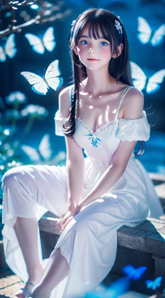 1 girl,Light blue long hair,blue eyes,White clothes with blue decoration,Lots of shiny white butterflies, Night Sky, magic lights,High Fantasy,anime art wallpaper 4k, Beautiful anime artwork, Beautiful anime art, Beautiful fantasy anime, anime wallpaper 4k, Beautiful digital art,(High Contrast)
