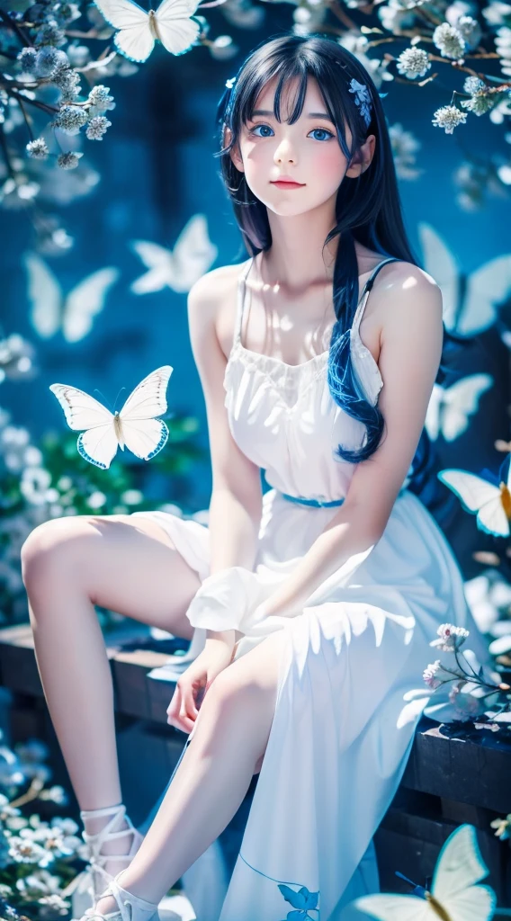 1 girl,Light blue long hair,blue eyes,White clothes with blue decoration,Lots of shiny white butterflies, Night Sky, magic lights,High Fantasy,anime art wallpaper 4k, Beautiful anime artwork, Beautiful anime art, Beautiful fantasy anime, anime wallpaper 4k, Beautiful digital art,(High Contrast)