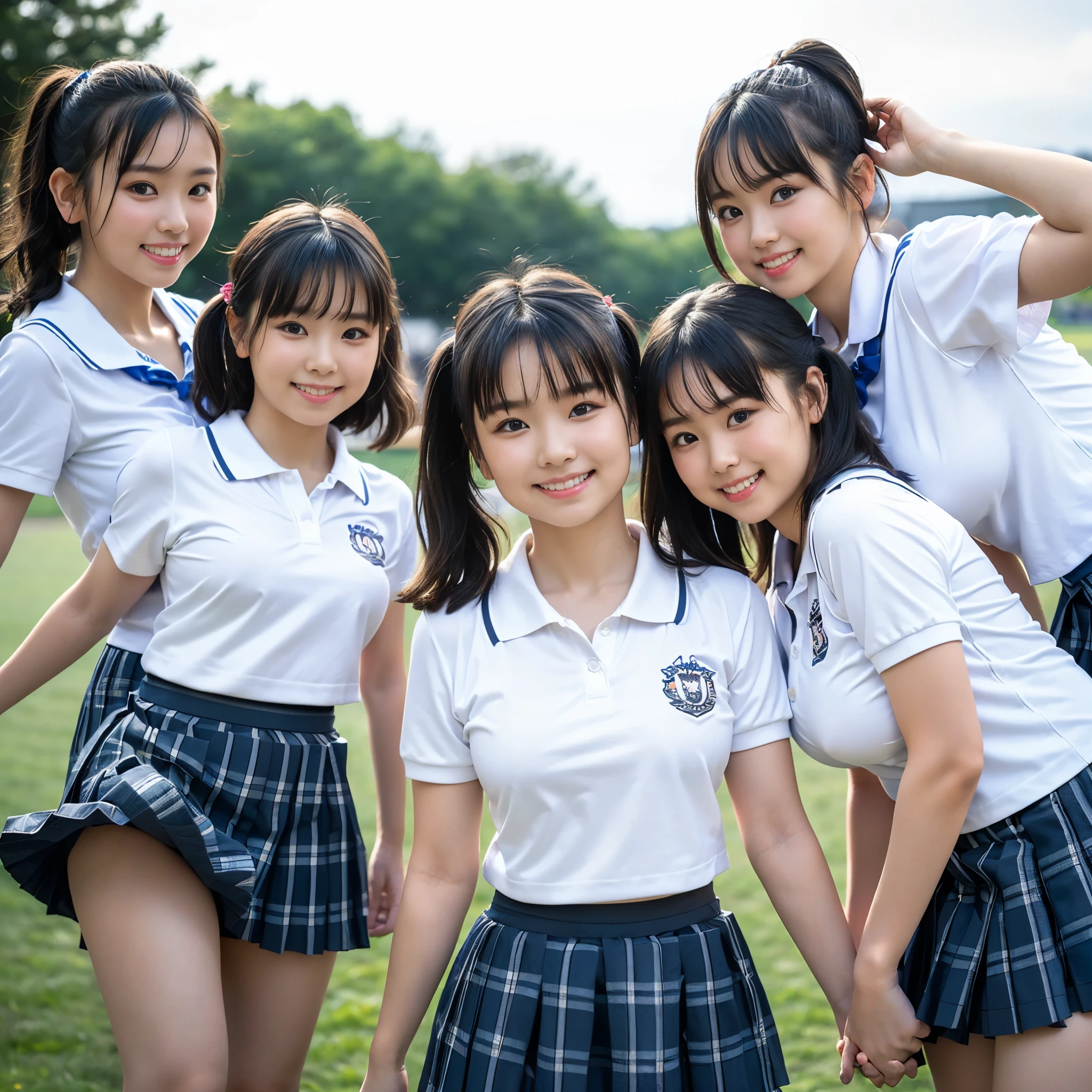 (8k、Raw photography、highest quality、masterpiece:1.2),(Black Hair:1.5),(Mr..々Cute hairstyle、Bobcut、Very short hair、ponytail、Twin tails:1.4),(6 high school girls、All the girls are so beautiful:1.6)、(school uniform、Polo shirt、Checked skirt: 1.6)、(Clothing that emphasizes the shape of your chest、Big Breasts:1.6)、(Group attendance at school:1.4)、Ultra-high resolution,(grassland:1.3)、(Japanese women: 1.2),(Photorealistic:1.37)、Photon Mapping,reality、(Everyone is so cute, like an idol: 1.7)、(Cute Smile: 1.7)、(Round face: 1.8)、( Face: 1.2)、Radio City、Physically Based Rendering、Depth of field rally background、photograph, (Wearing a skirt that is too short: 2.0)、(Ultra mini skirt、Her skirt is short、White panties are visible..:1.4),(All of them are wearing very short skirts、Angle from below、Your thighs are beautiful: 1.5)、whole body、Super quality