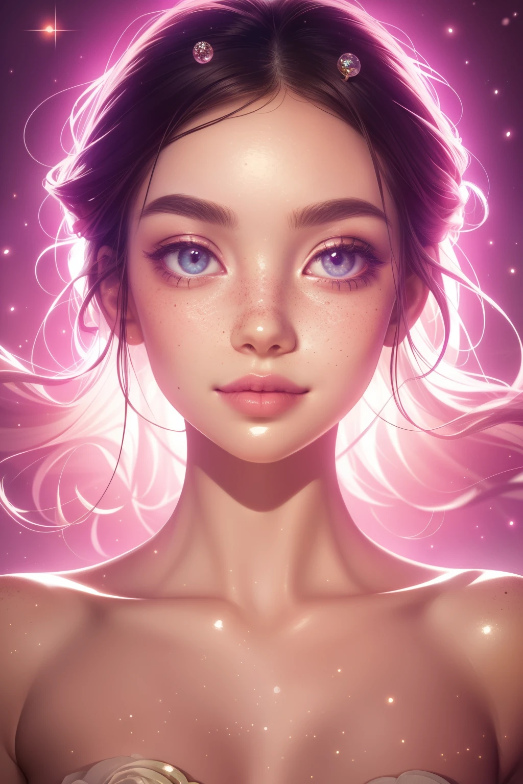 (This is a beautiful, intricate, (romatic) fantasy image that emphasizes beauty and grace.) Generate a blind curvy woman with soft natural freckles. Her face is important and should be (perfectly formed) with (beautiful puffy lips) and (perfect features). There is a cute freckle birthmark on her lip. The image exudes ethereal beauty and soft fantasy, with shimmering shades of pink throughout. Surround her with eternal roses in shimmering shades. Ensure perfection in her face, hair, and eyes. Include sweet and detailed birds and soft, luminous flowers and detailed roses. Utilize dynamic composition and dramatic lighting and cinematic lighting to create an interesting fantasy image. The background of the image is interesting and ultra-detailed, with soft fantasy lighting and gradients. Include fantasy details, cute aura, colorful, colourful, and interesting magical background. The image's background is decorated in shades of pink, shimmer, glitter, and fantasy details like colored bubbles and cosmos. Include subtle freckles, natural freckles and a diffused realistic skin tone. Incorporate elements of high fantasy, whimsy, and detailed elegance. English rose, princess, courtesan, noblewoman, sweet, lovely, calm, lovely, shimmering, glimmering, glittering, astrological fantasy, (((masterpiece))), (highest quality), magic rose, fantasy garden, beautiful face, perfect face, puffy lips, interesting, shy smile, fantasy elements, magic rose, beautiful eyes, perfect puffy lips, jewel tones, luminosity. Taken with a canon camera.