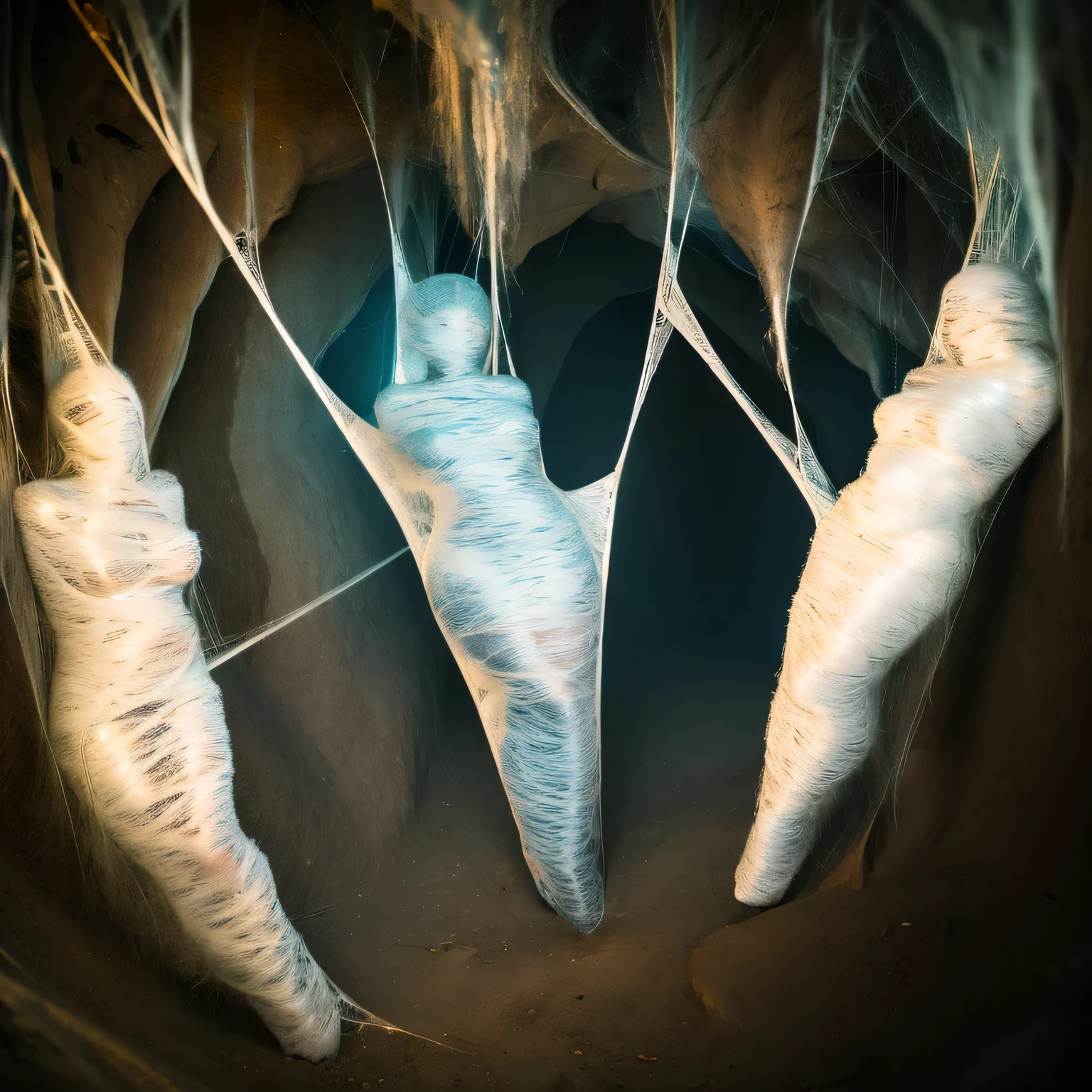 five woman in a tight web bondage, cocooned, struggle in the web, in the cave