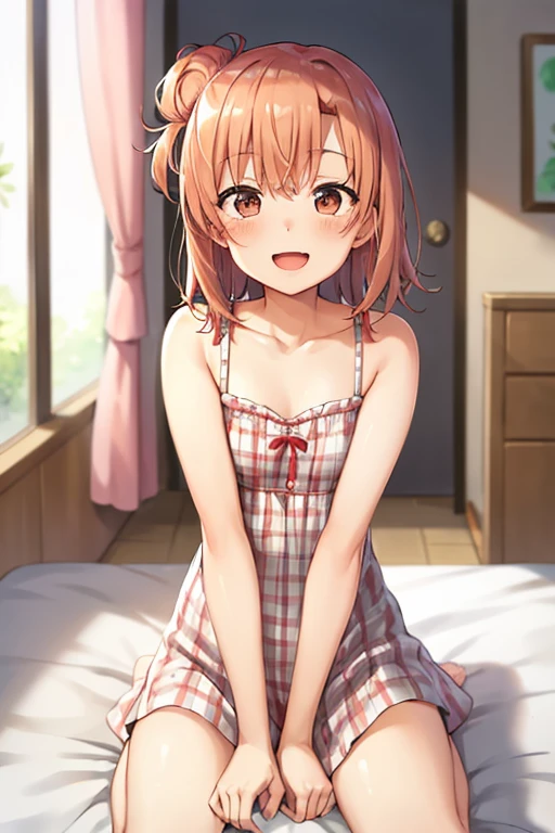 ((highest quality)), ((masterpiece)), (be familiar with), Perfect Face, indoor, Bedroom, Watching the audience,
One woman, Yuigahama Yui,
Open Mouth, Ecstatic expression, blush, smile,
Small breasts, Flat Chest, Young Girl, , , Girl,
Short Hair, Salmon-colored hair, Salmon-colored eyes, Side Pony,
Leg spread,