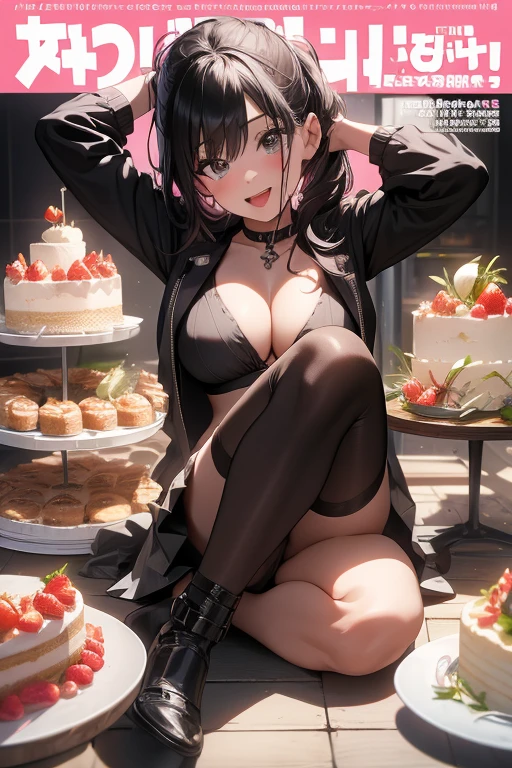 1 girl, small nose, very beautiful detailed face and eyes, bright colors, cute face, delicate beautiful face, Bright magenta eyes, cute eyes, sparkling eyes, Big eyes, (big breasts:1.3), (perky chest:1.1), (pointed chest:1.0), (cake magazine cover:1.3),highest quality, WorKs of masters, High resolution,BlacK color hair,shiny hair, side ponytail,hair between eyes,bangs, (black jacket, real clothes, cleavage, black skirts, black thighhighs, thigh strap, fingerless gloves, single glove:1.2) , spread legs, panties shot, medium hips, glamorous body, white skin, smile, thin pubric hair, super beautiful face, Super beautiful eyes, Super beautiful hair,trendy outfit,sexy and attractive,full body esbian, Real World, Natural light,perfect Natural light,(with sparkling eyes and a contagious smile), This masterpiece is not only visually stunning but also tells, make of cake cooking , in the kitchen, open mouth, looking at viewer,