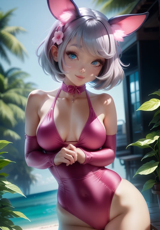 girl、、Pink Swimsuit、whole body。blue eyes、Gray Hair、、Seductive pose、front、、Outdoor、garden、Beach、