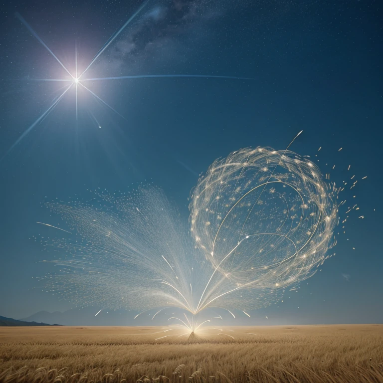Show an image of light, dry particles being carried by the wind across an open field. The particles represent straw, which is fragile and easily dispersed by the wind, symbolizing the instability of the wicked.