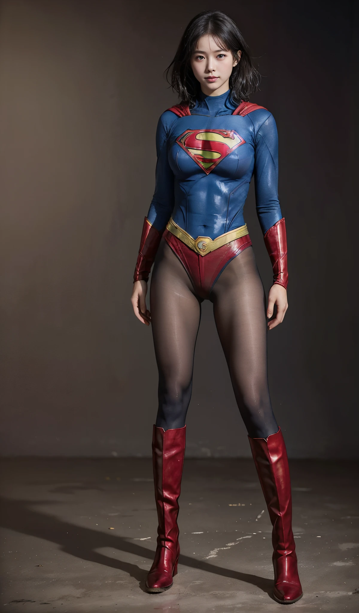 No background、(((Beautiful legs in black tights.)))、(((Legally express the beauty of your smile)))、((((Make the most of your original images)))、(((Supergirl Costume)))、(((Beautiful short bob hair)))、(((suffering)))、(((Please wear black tights....、Wear red boots)))、((Best image quality、8k))、((highest quality、8k、masterpiece:1.3))、(((Preserve background )))、Sharp focus:1.2、Beautiful woman with perfect figure:1.4、Slim Abs:1.2、Wet body:1.5、Highly detailed face and skin texture、8k